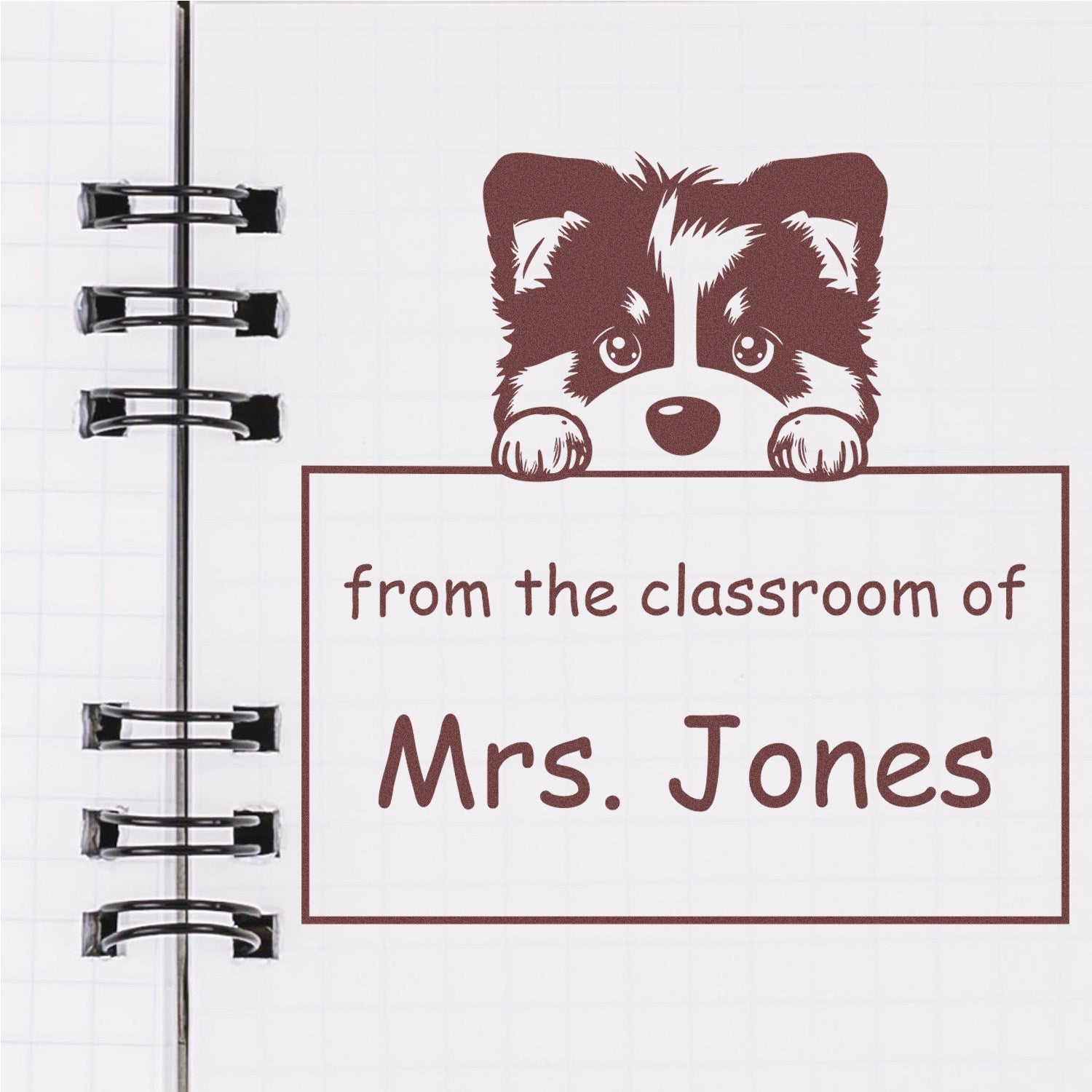 Brown raccoon classroom stamp seal reading from the classroom of Mrs. Jones on a white spiral notebook page.