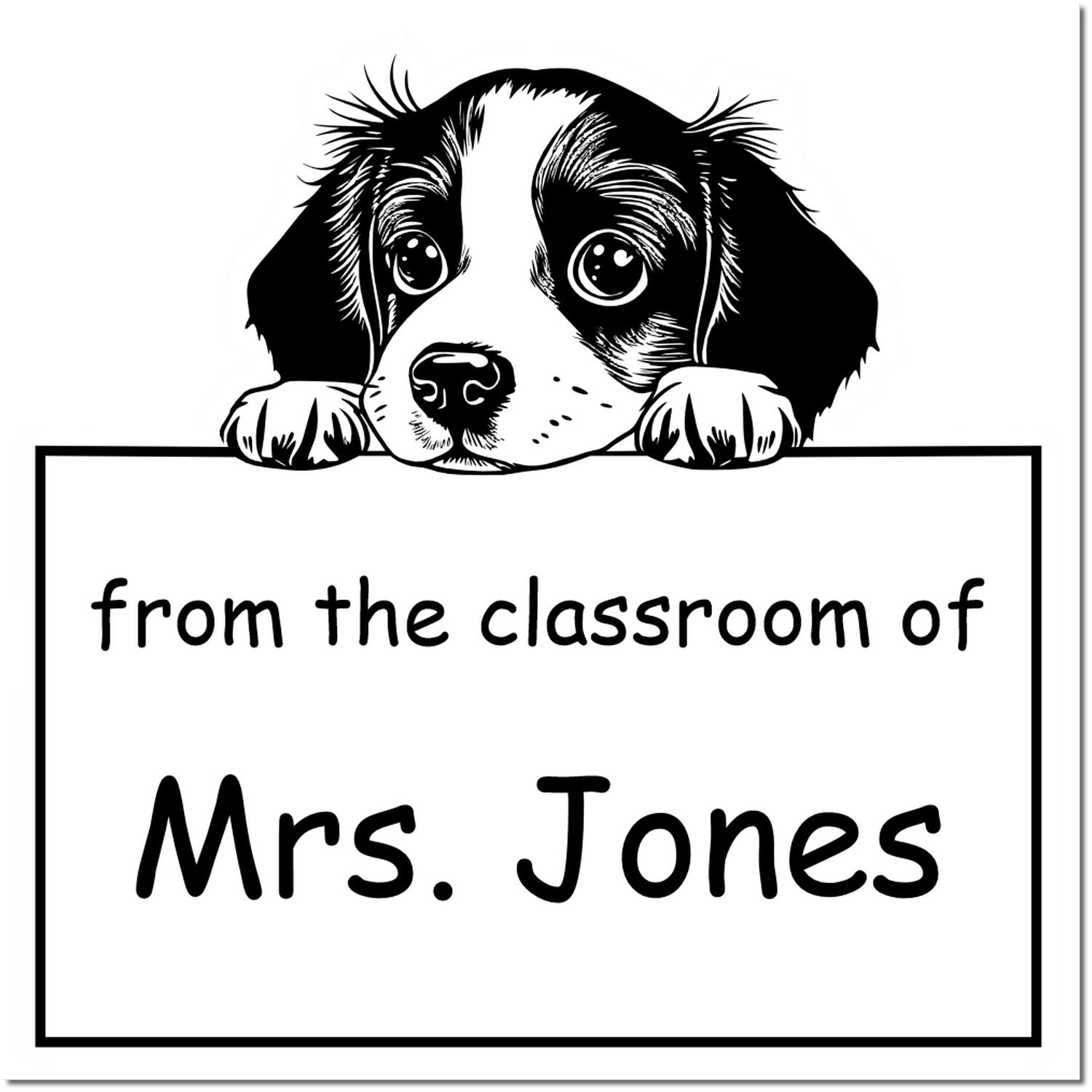 Black-and-white classroom stamp seal with puppy peeking over frame and text from the classroom of Mrs. Jones.