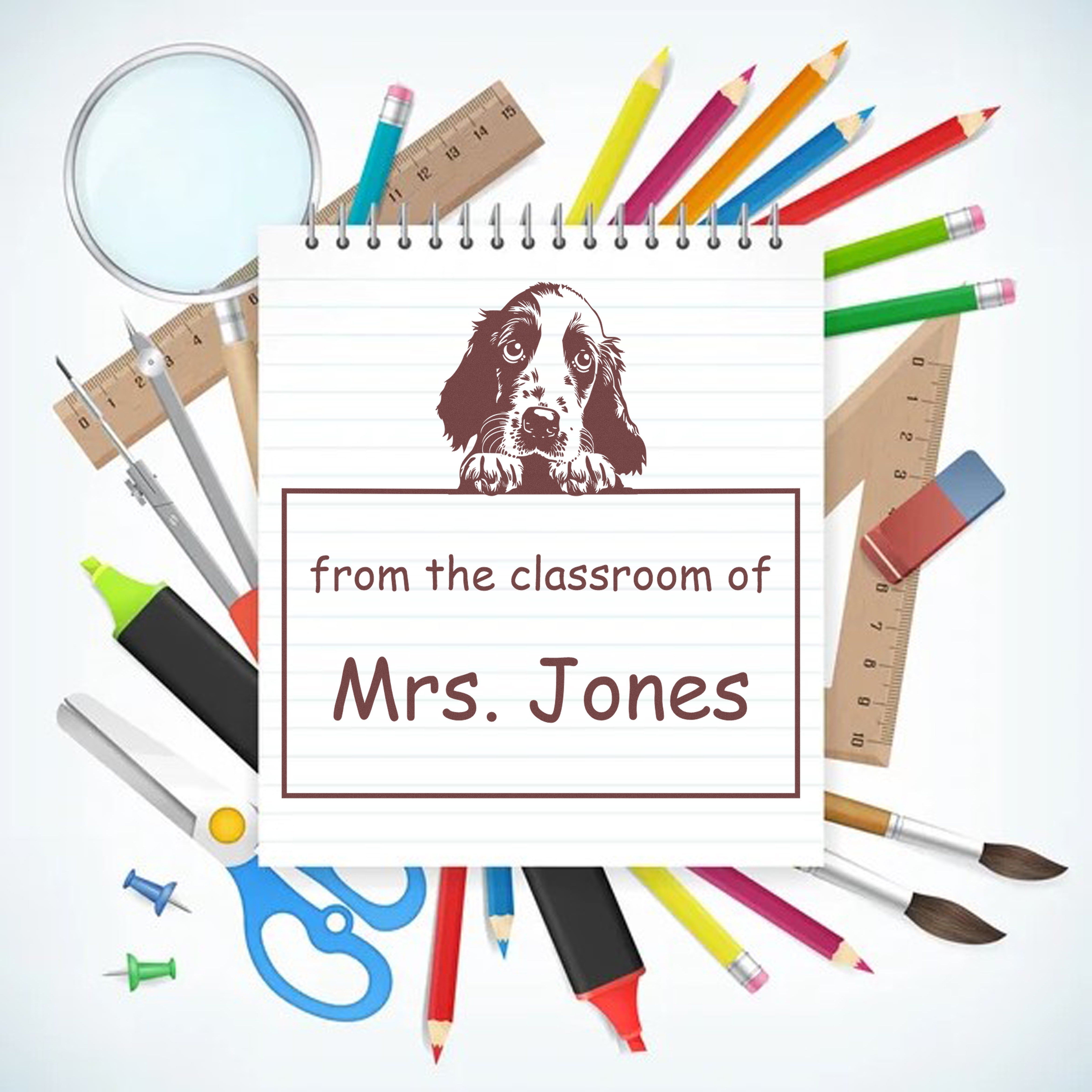 Custom classroom stamp seal with dog illustration and brown text, framed by colorful pencils, rulers, and tools.