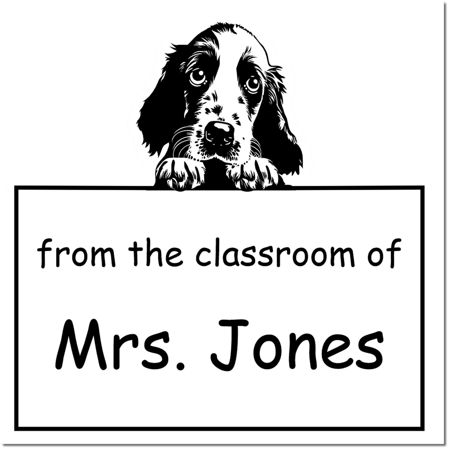 Black-and-white teacher stamp seal with puppy peeking over sign reading From the classroom of Mrs. Jones.