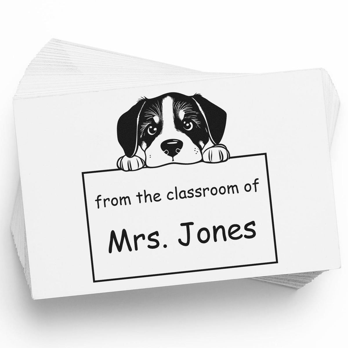 Black-and-white custom stamp and seal cards with a puppy seal and text from the classroom of Mrs. Jones.