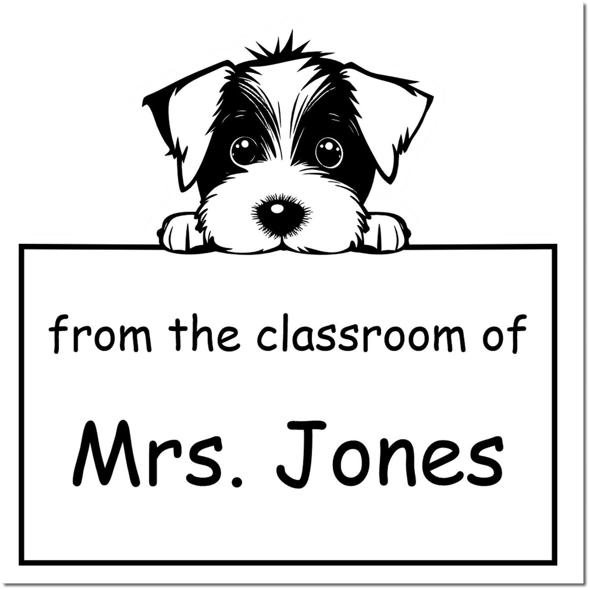 Black-and-white classroom stamp seal with a puppy peeking over a border and text: from the classroom of Mrs. Jones.