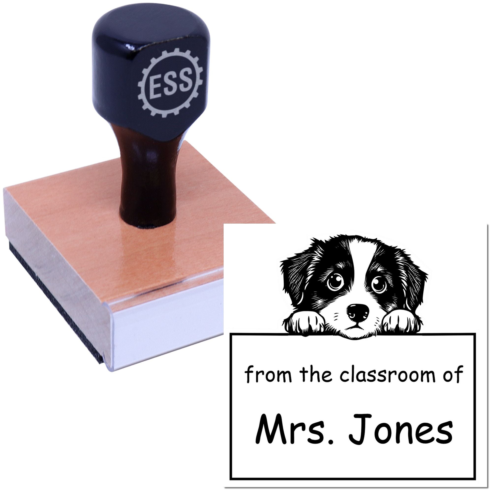 Wood Handle Miniature American Shepherd Puppy Themed Library Name Stamp - Engineer Seal Stamps