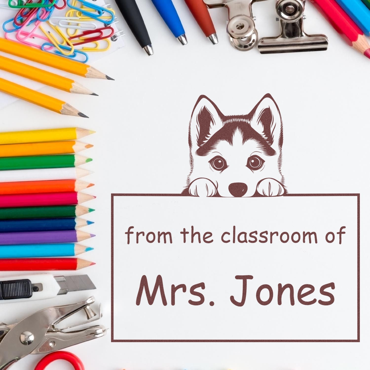 Wood Handle Siberian Husky Puppy Themed Classroom Leader Stamp