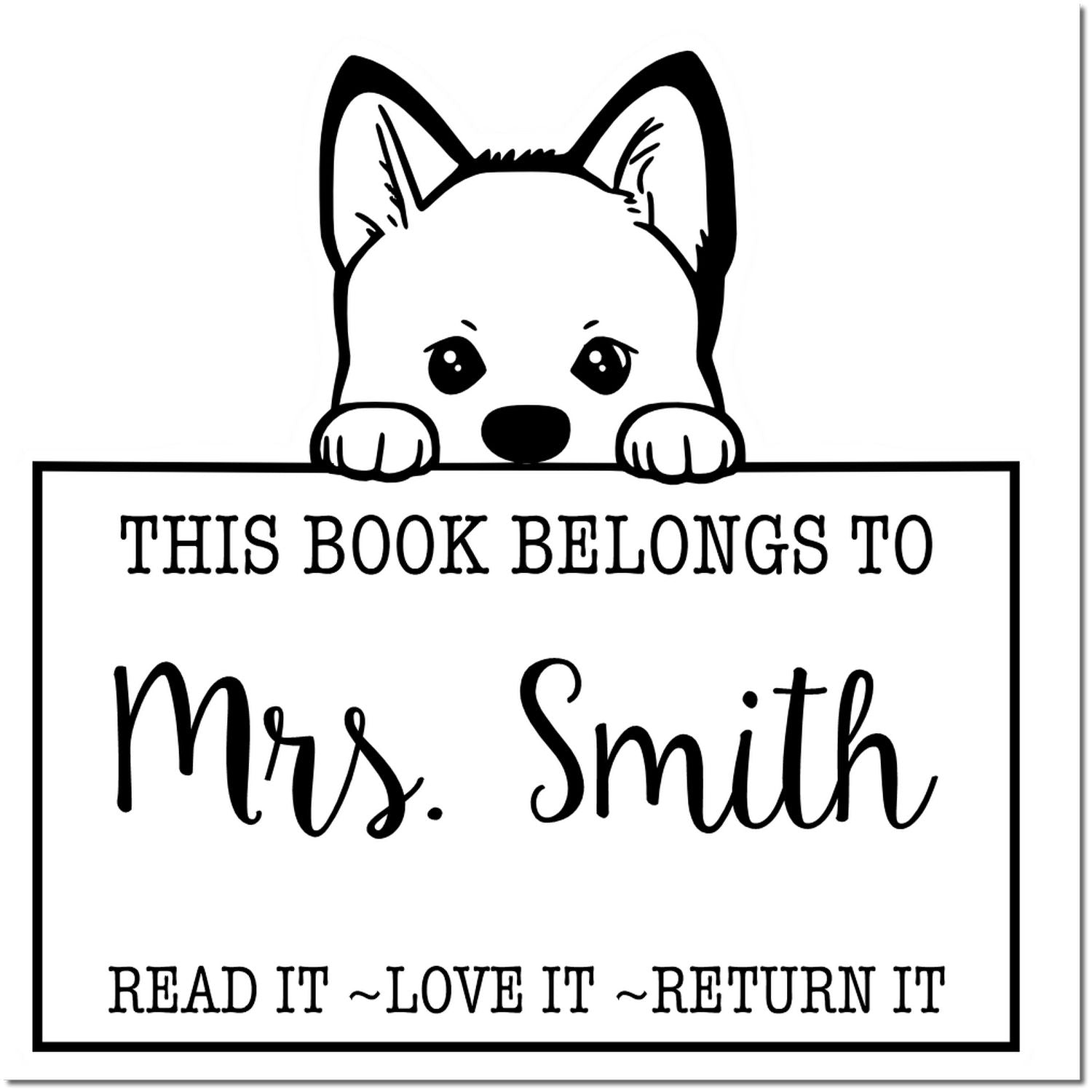 Black-and-white book stamp with a cute dog peeking over a sign reading This Book Belongs to Mrs. Smith.