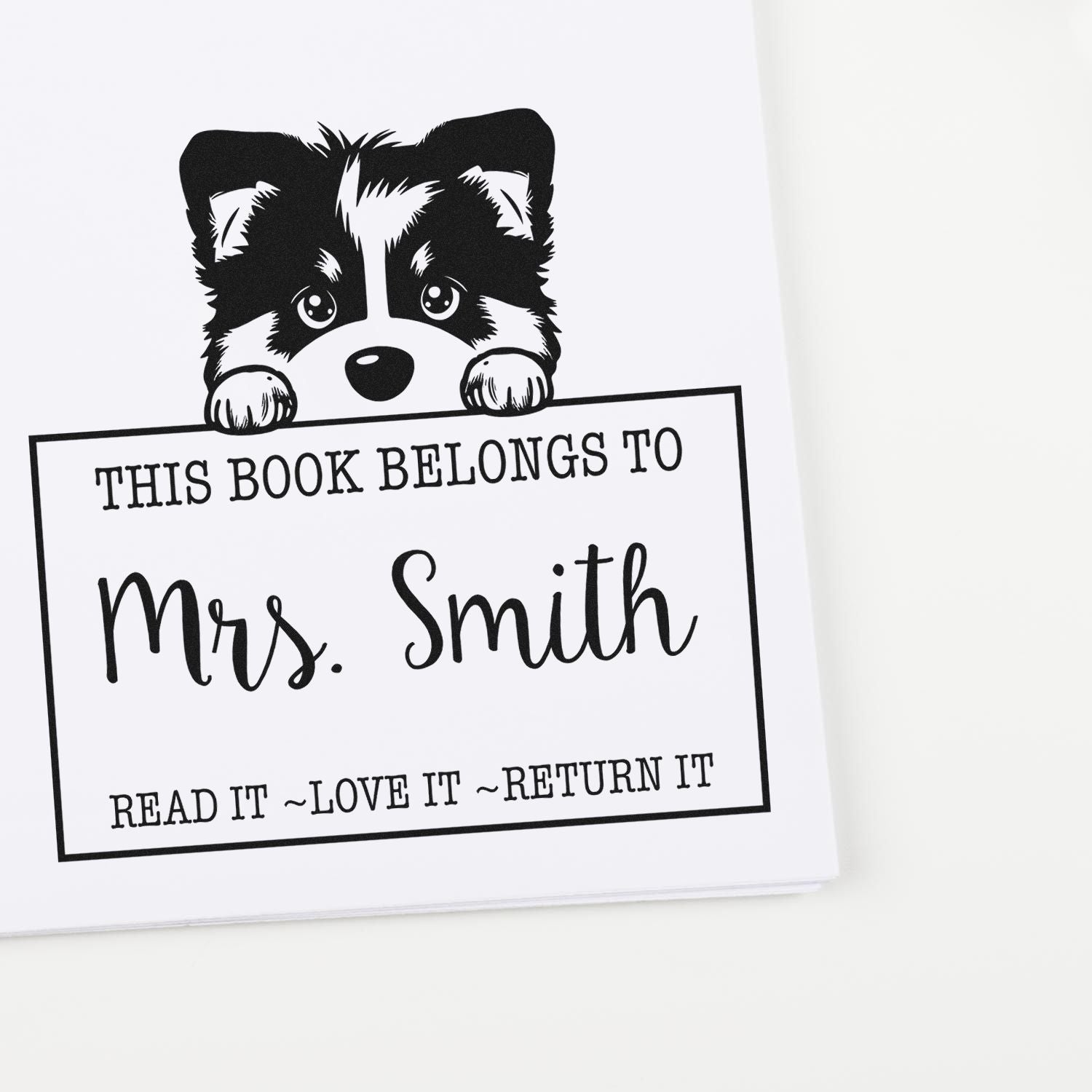 Black-and-white book stamp seal with cute raccoon, This book belongs to Mrs. Smith and Read it, love it, return it.