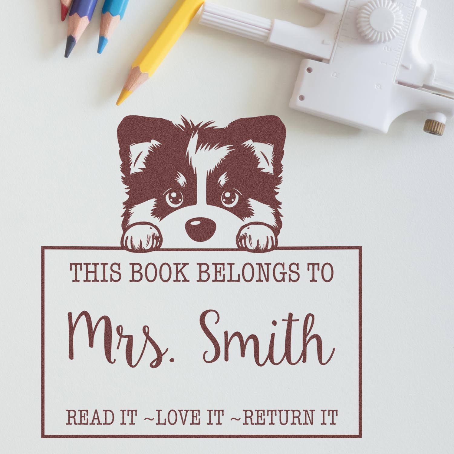 Custom brown raccoon book stamp with This Book Belongs to Mrs. Smith and a white self-inking seal stamp beside colored pencils.