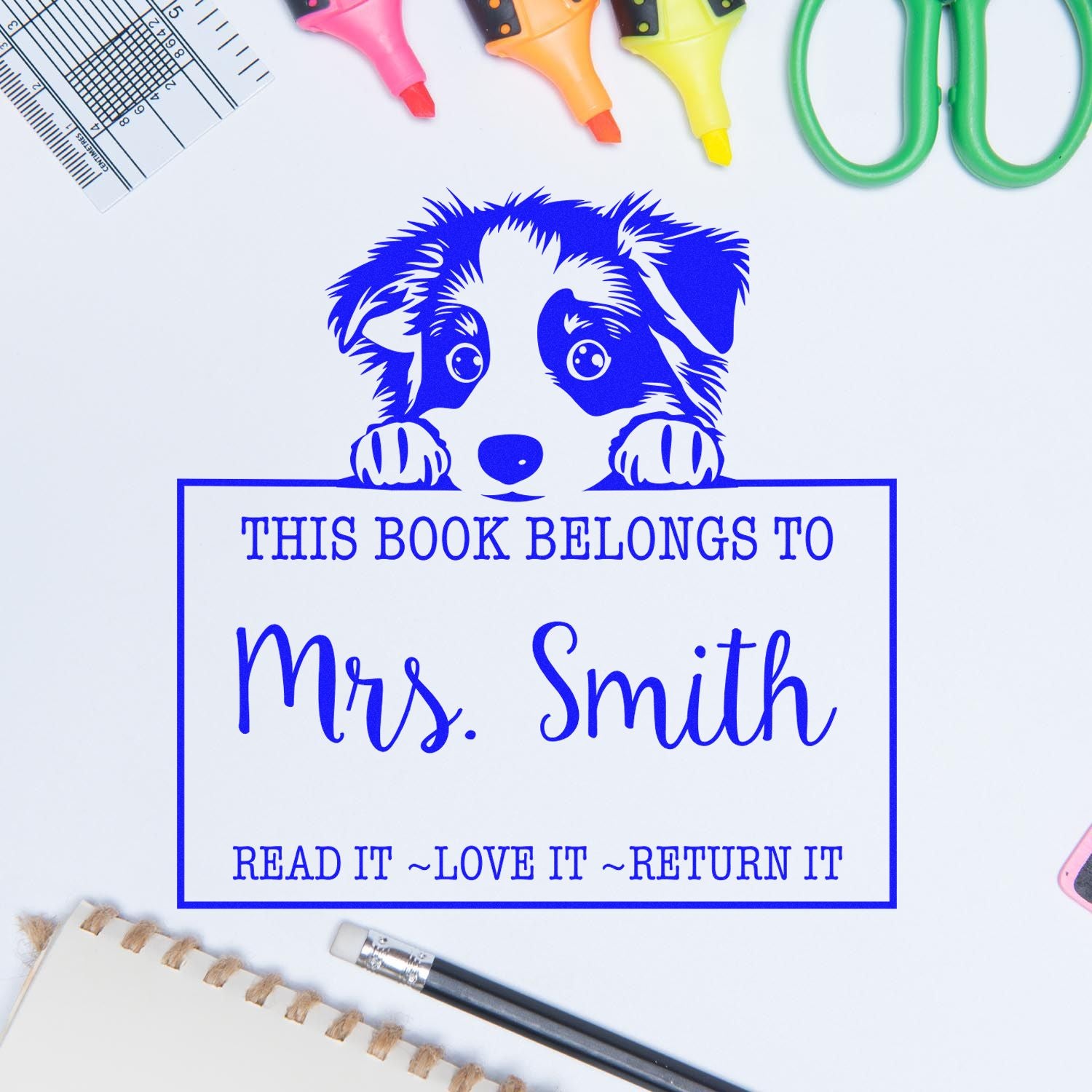 Adorable Self-Inking Australian Shepherd Personalizable Librarian Stamp - Engineer Seal Stamps