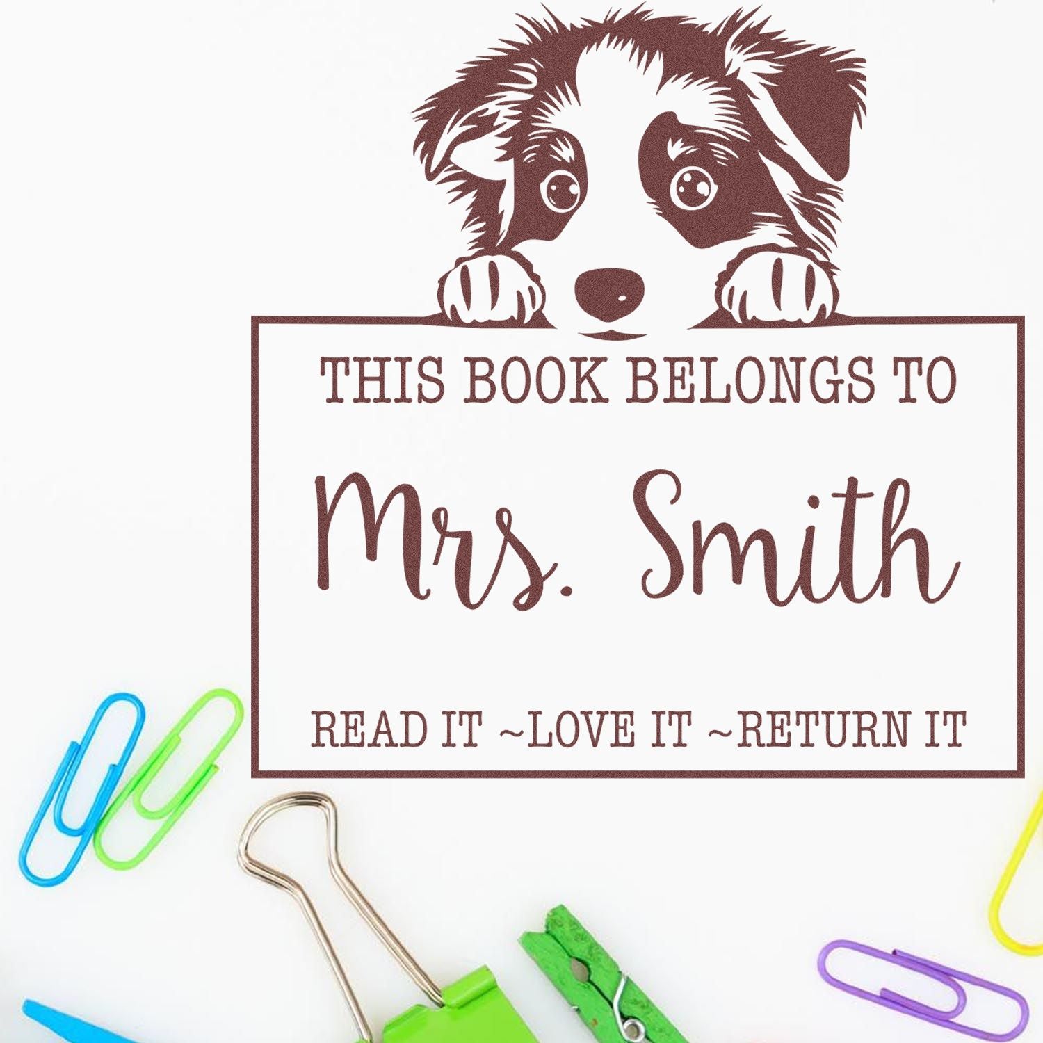 Slim Australian Shepherd Personalized Book Lover Stamp - Engineer Seal Stamps