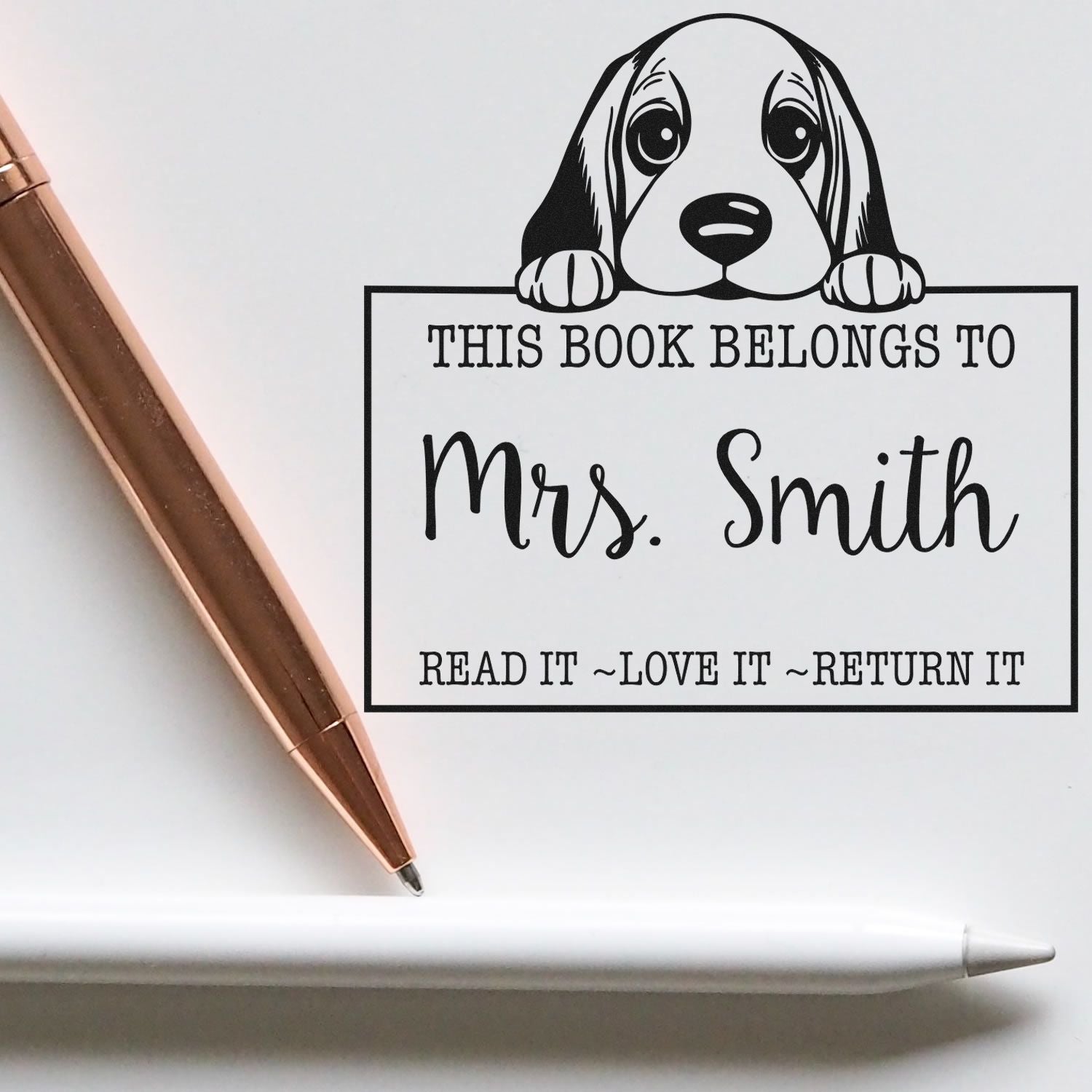 Adorable Self-Inking Basset Hound Personalizable Library Check-Out Stamp - Engineer Seal Stamps