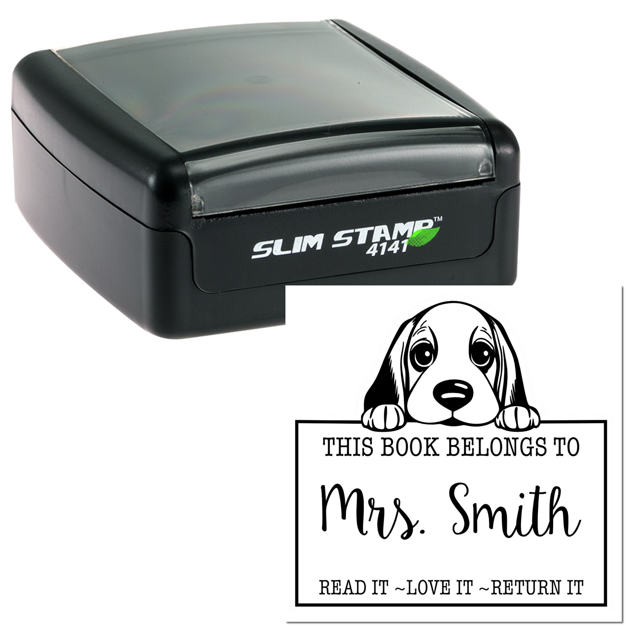 Slim Basset Hound Personalized Book Label Stamp - Engineer Seal Stamps