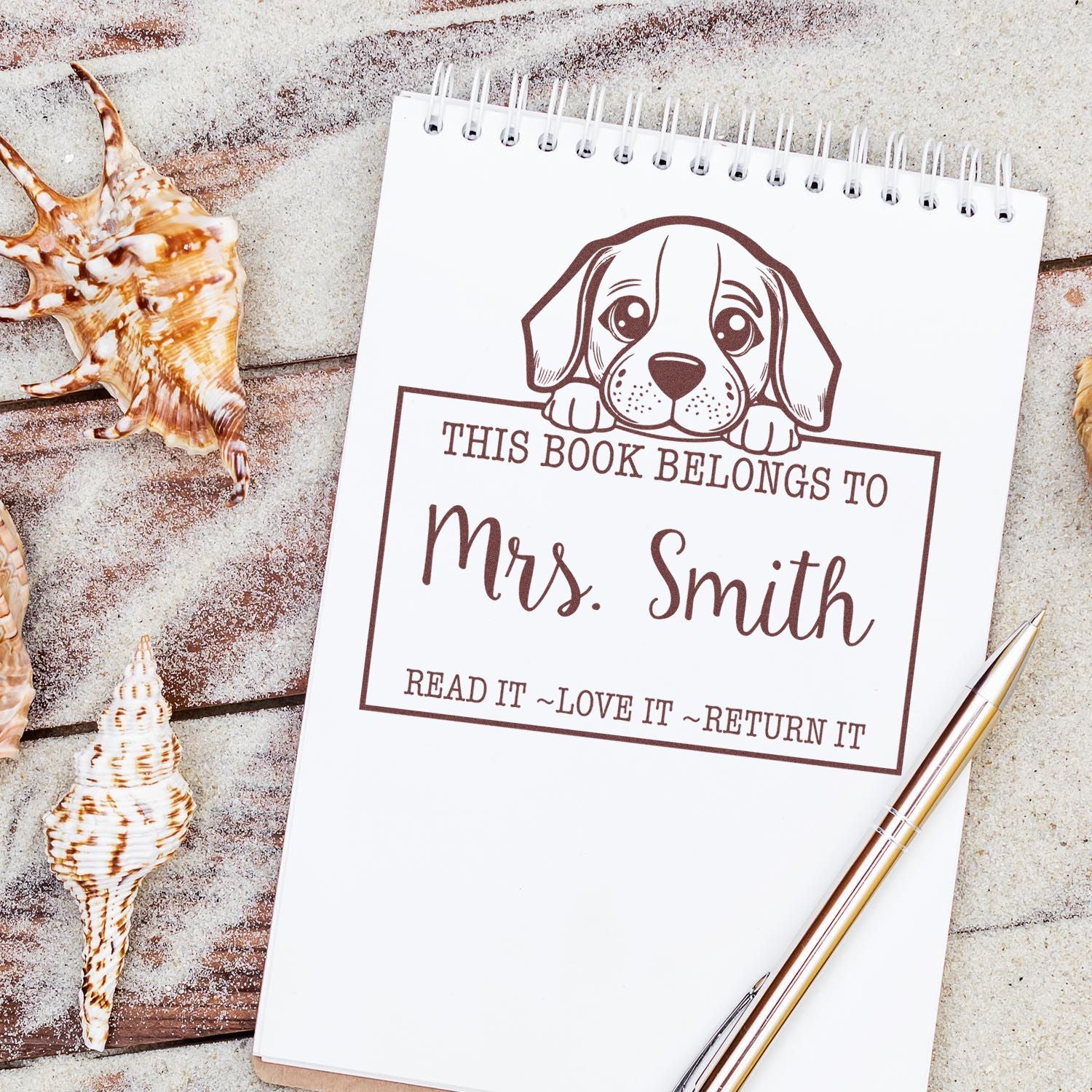 Adorable Self-Inking Beagle Personalizable Library Name Stamp - Engineer Seal Stamps