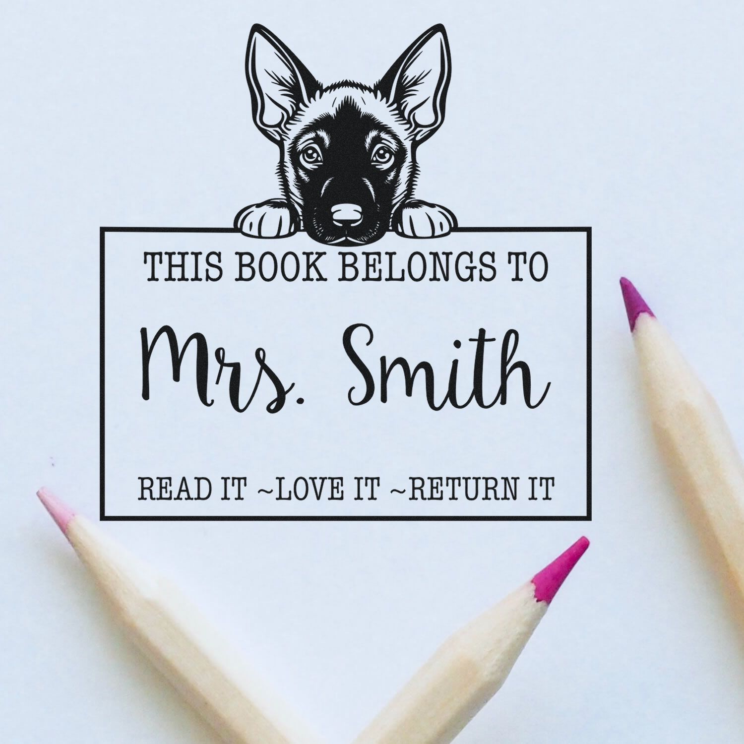 Pre-Inked Belgian Malinois Custom Book Name Stamp - Engineer Seal Stamps