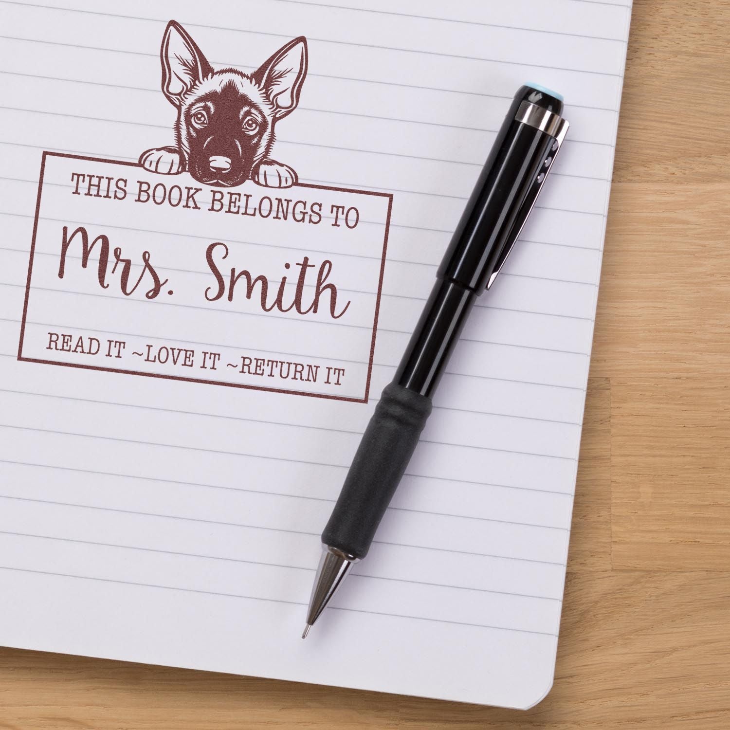 Adorable Self-Inking Belgian Malinois Personalizable Library With Name Stamp - Engineer Seal Stamps