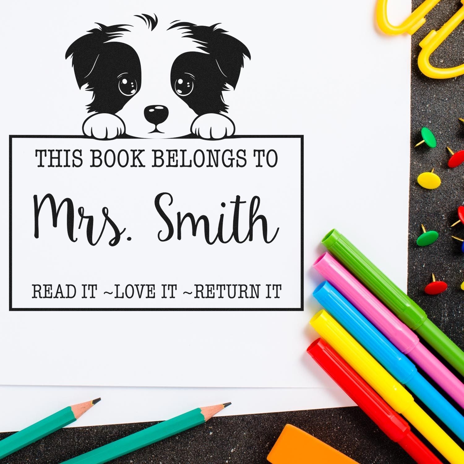 Border Collie Customized Read It Love It Return It For Libraries Rubber Stamp - Engineer Seal Stamps