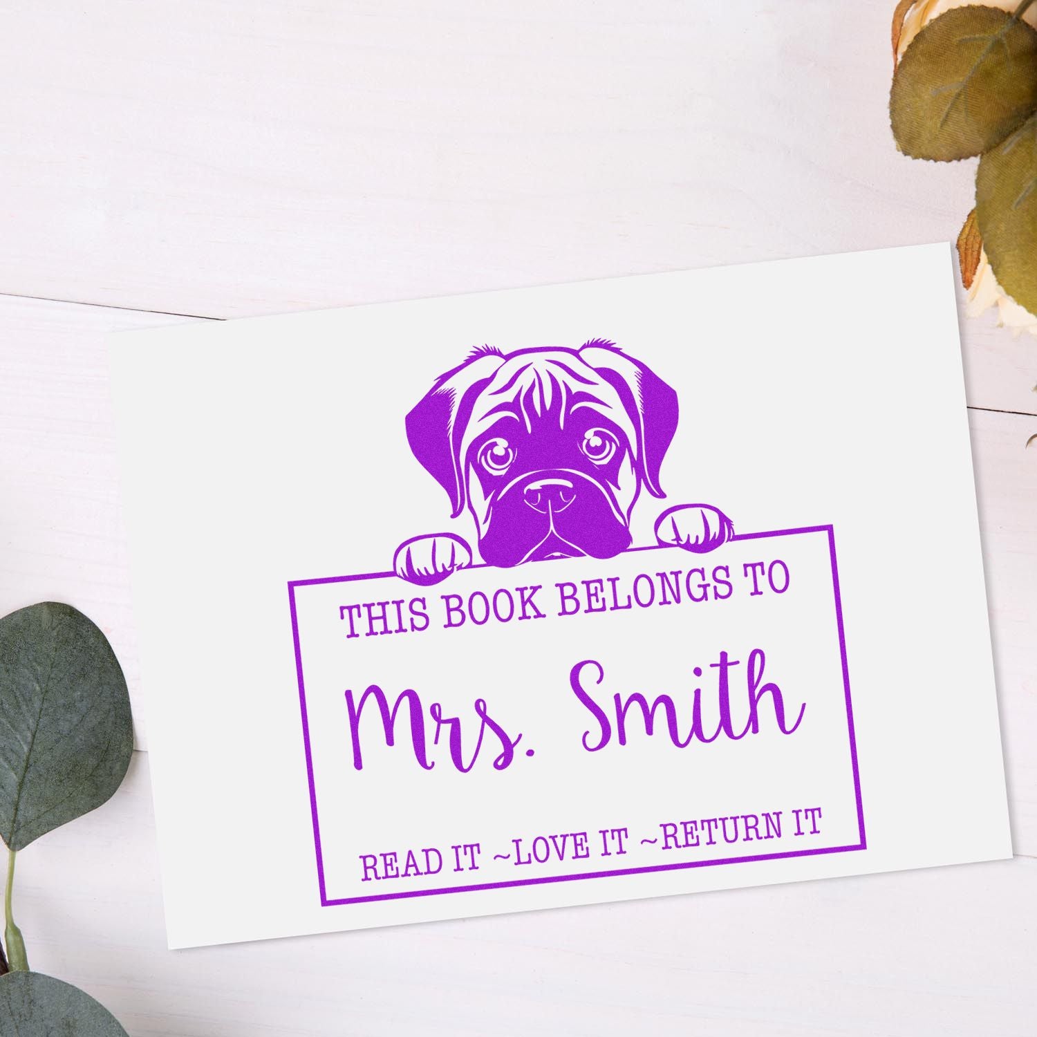 Purple dog book ownership stamp and seal for Mrs. Smith with This Book Belongs To and Read It ~ Love It ~ Return It text.