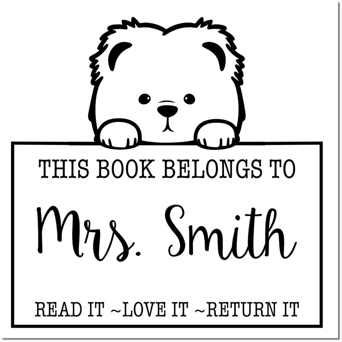 Black-and-white book stamp with cute bear, This Book Belongs to Mrs. Smith and Read It ~ Love It ~ Return It.