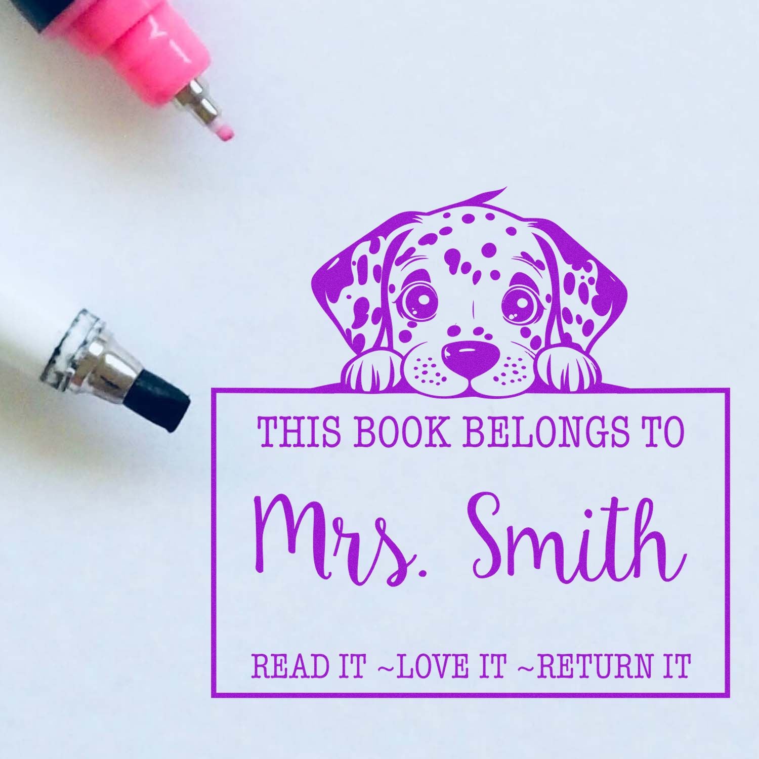 Pre-Inked Dalmatian Custom Read It Love It Return It For Books Stamp - Engineer Seal Stamps