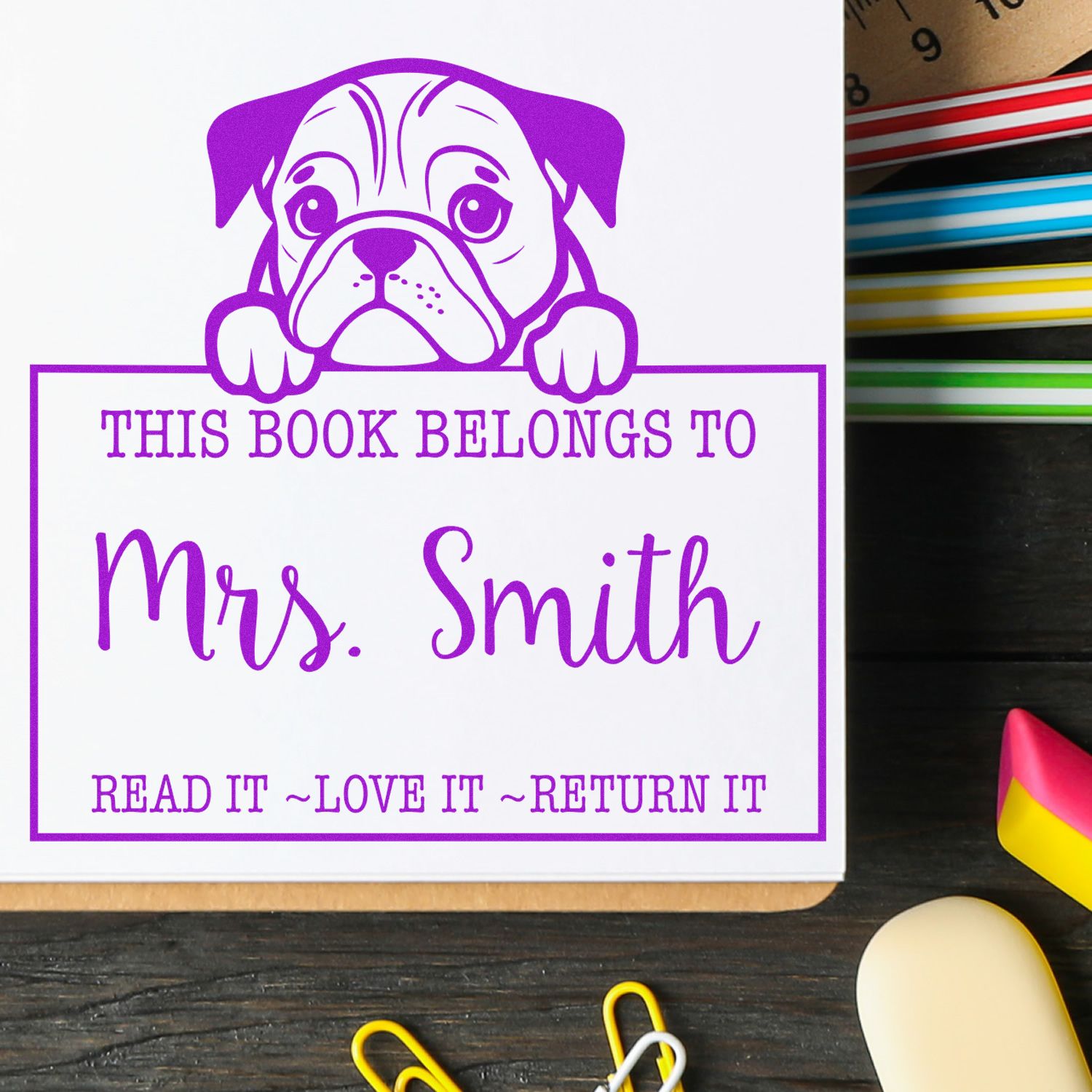 English Bulldog Custom-Made Bookplate Rubber Stamp