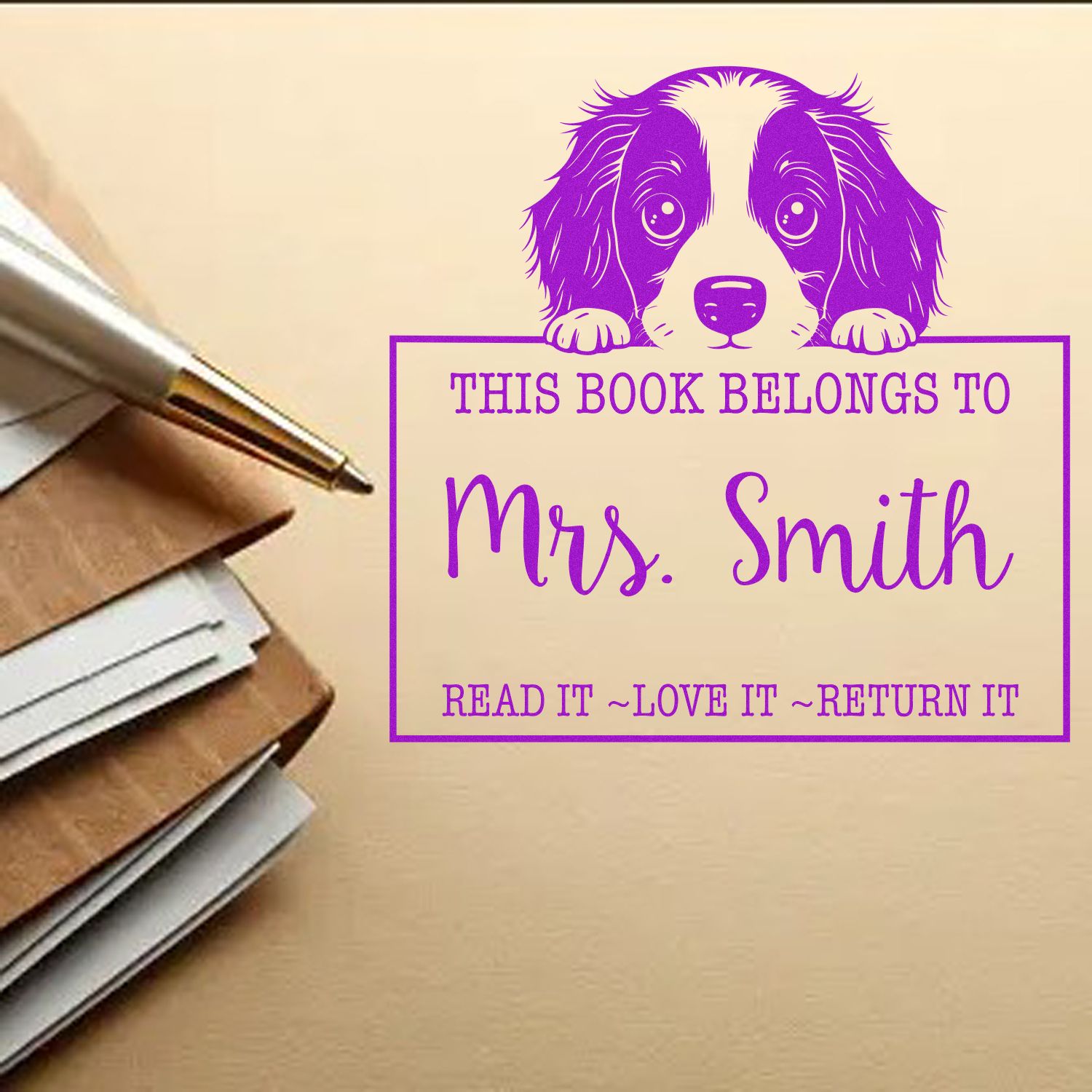 Adorable Self-Inking English Springer Spaniel Personalized Book Borrowing Stamp - Engineer Seal Stamps