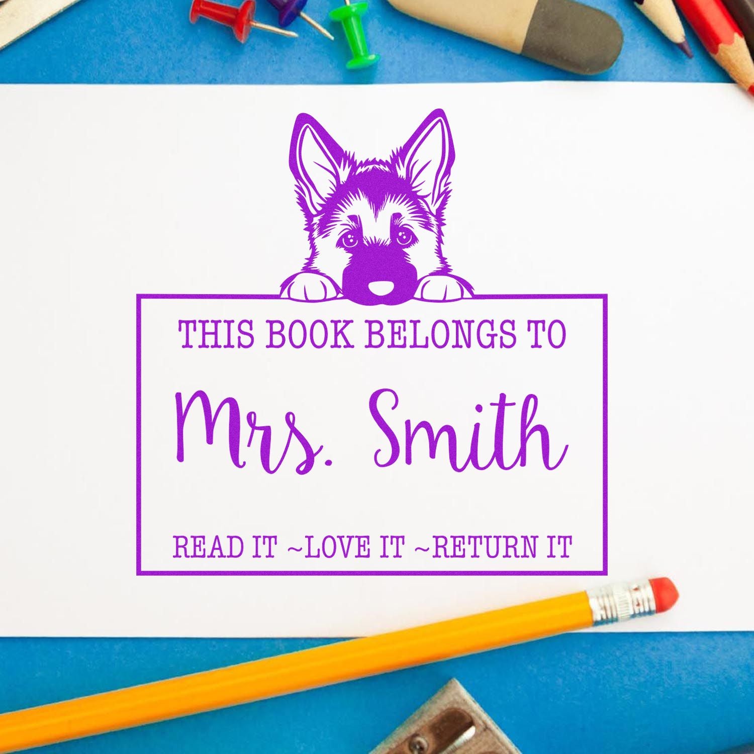 German Shepherd Custom-Made Librarian Rubber Stamp