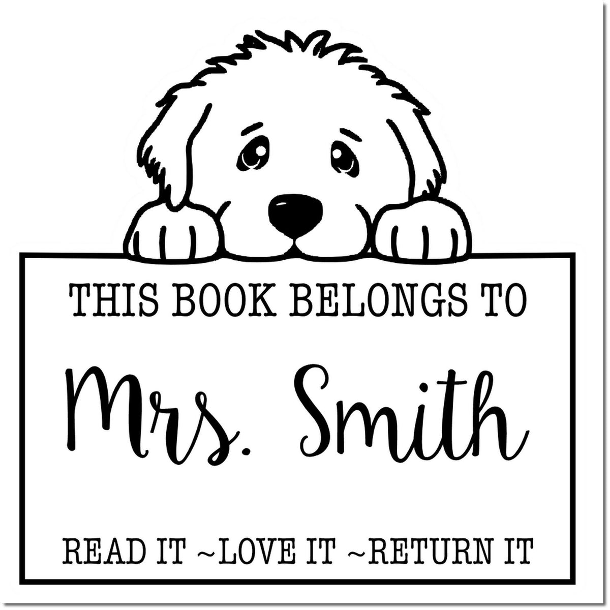 Black-and-white dog book stamp reading This Book Belongs to Mrs. Smith with Read it ~ Love it ~ Return it.