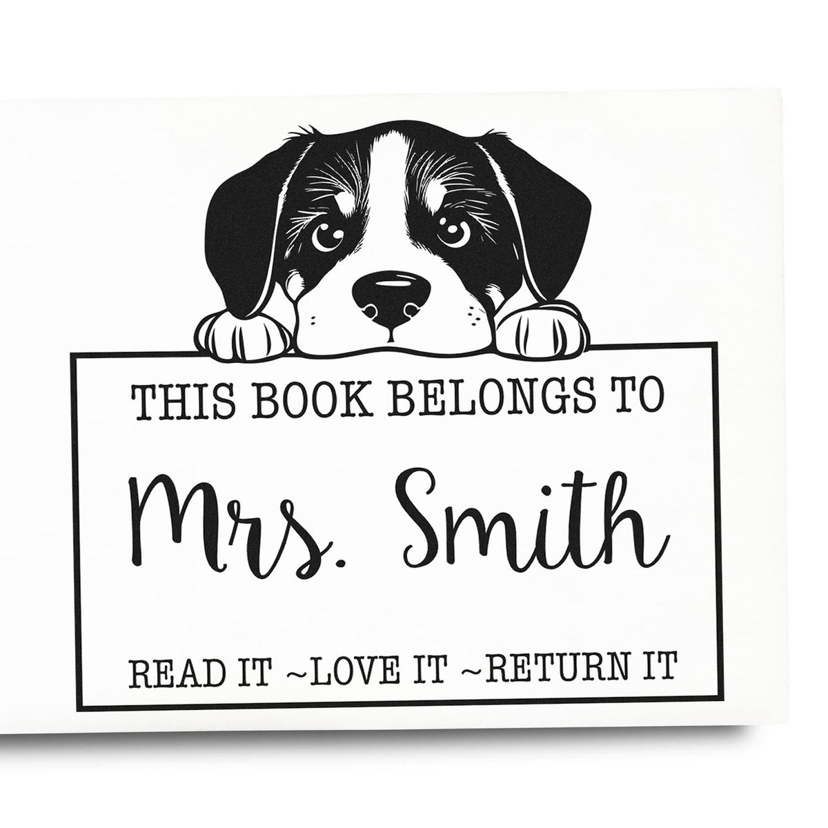 Custom-made Trodat dog stamp featuring a Slim Greater Swiss Mountain Dog design, shown in use on paper.