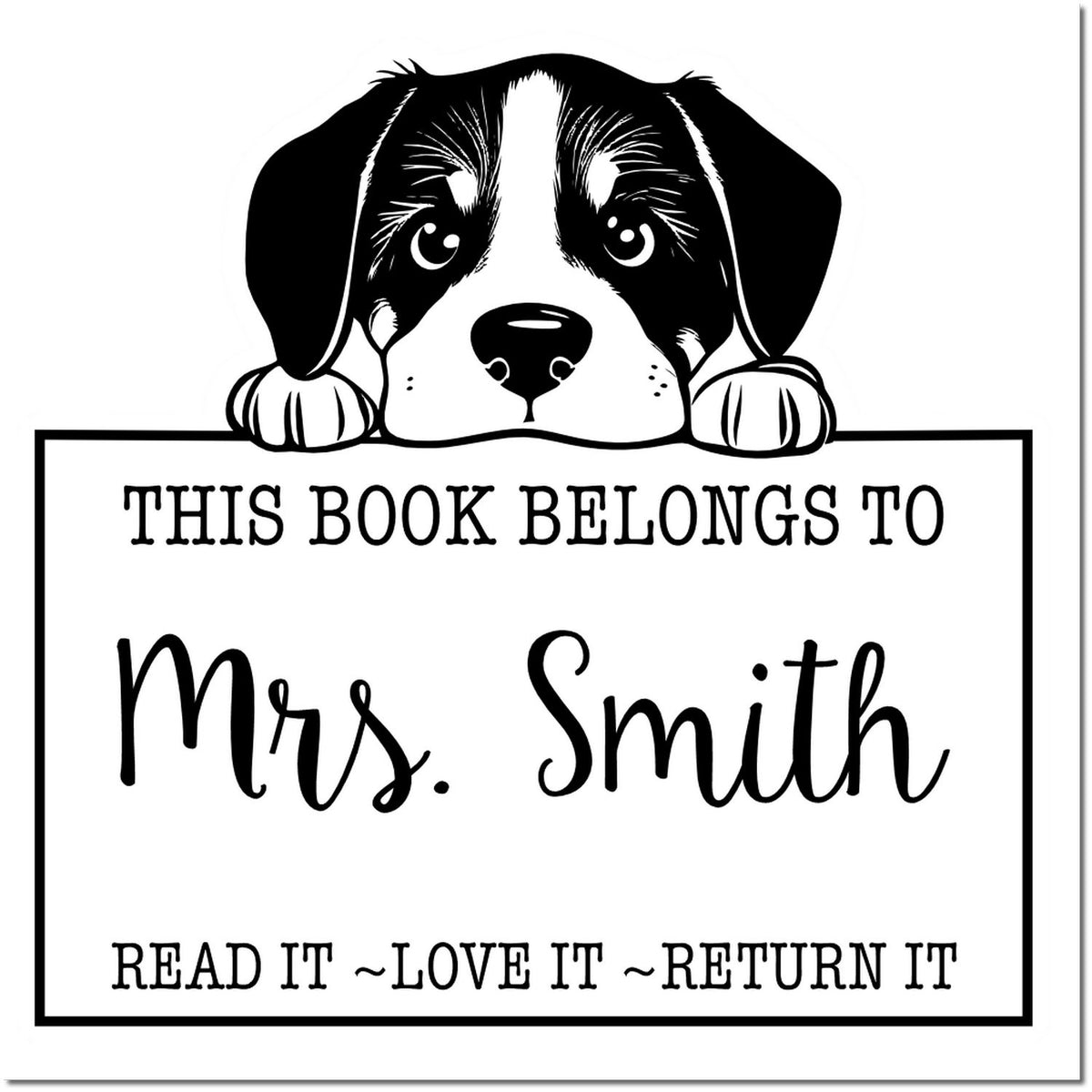 Custom-made Trodat dog stamp featuring a Slim Greater Swiss Mountain Dog design, black ink imprint with detailed dog illustration.
