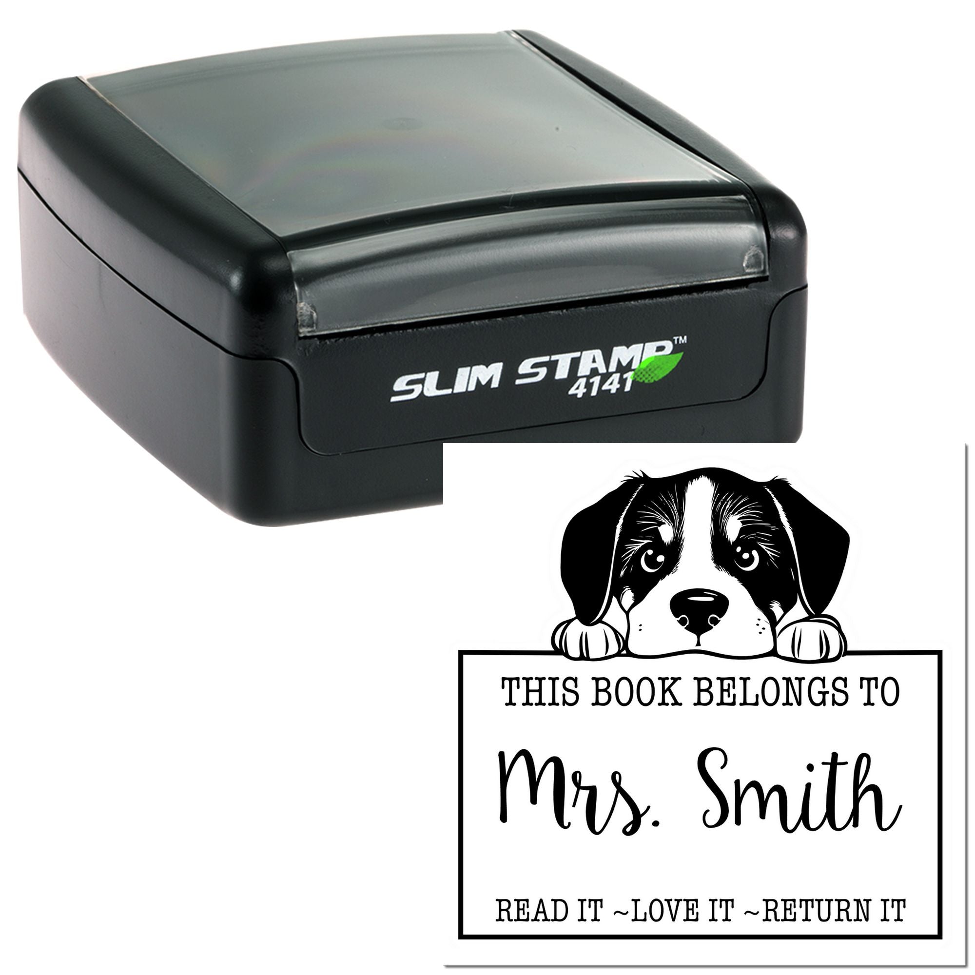 Custom-made Trodat dog stamp featuring a slim Greater Swiss Mountain Dog design on a black background.