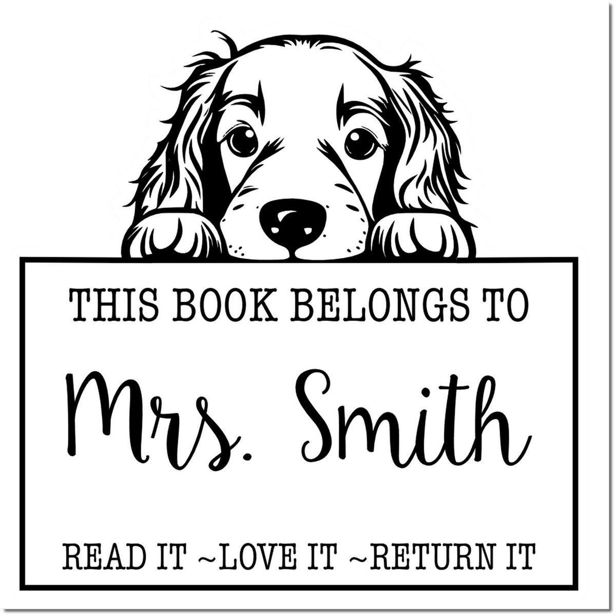 Black-and-white book stamp seal with a dog peeking over a border, saying This Book Belongs to Mrs. Smith.