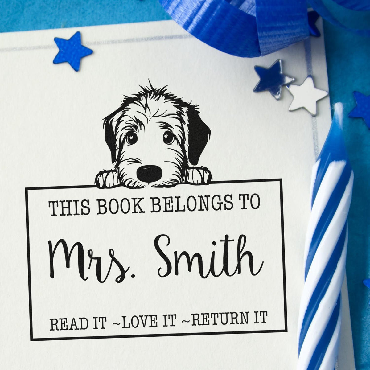 Personalized dog book stamp seal for Mrs. Smith, black on white with blue stars and ribbon accents.