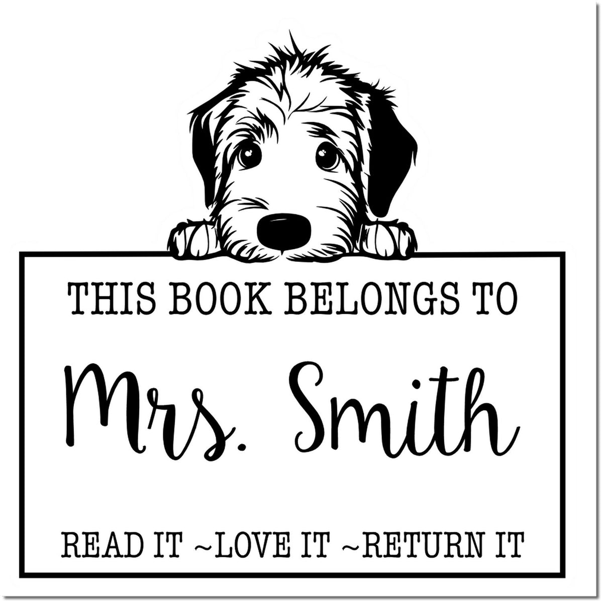 Black-and-white dog book stamp seal reading This book belongs to Mrs. Smith with Read it ~ Love it ~ Return it