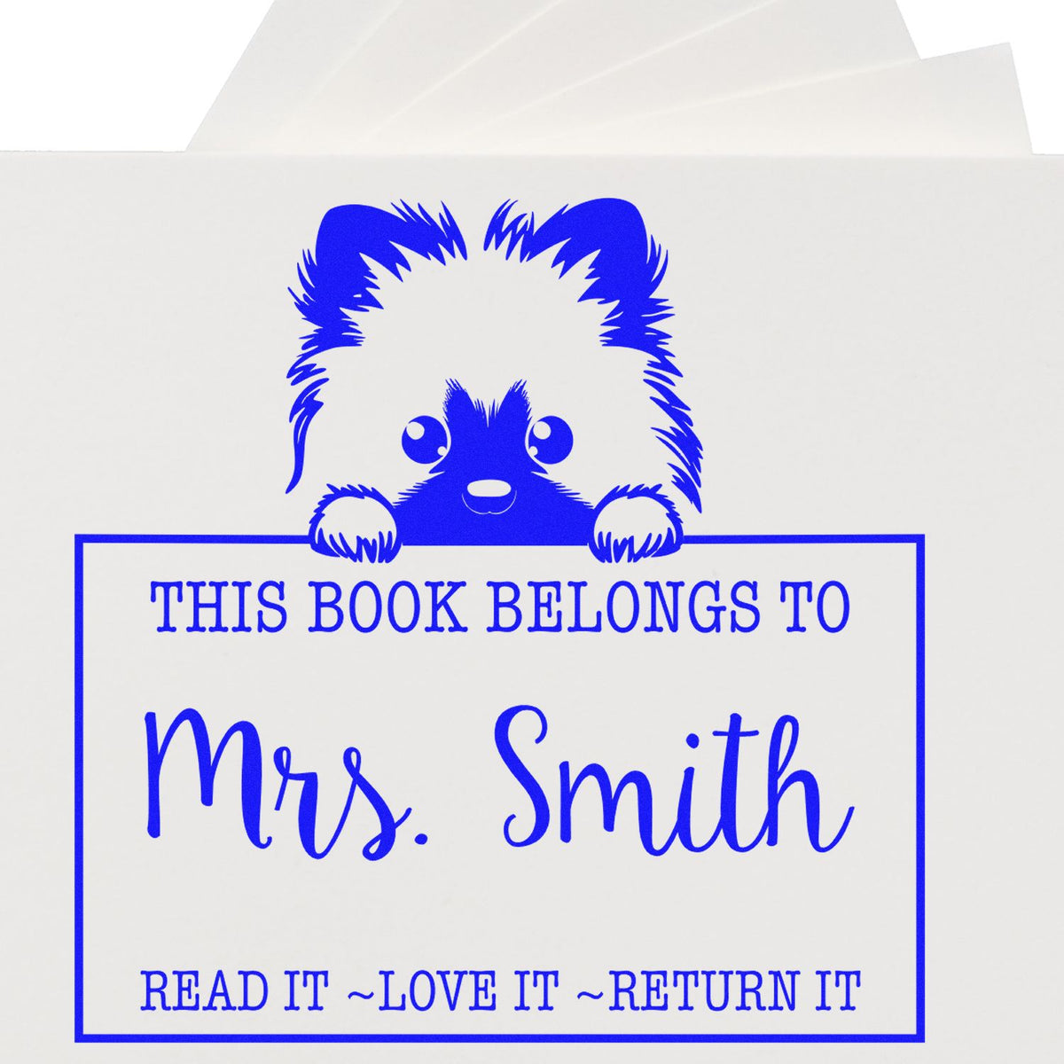 Blue custom book stamp with cute bear and text: This book belongs to Mrs. Smith, Read it, Love it, Return it.