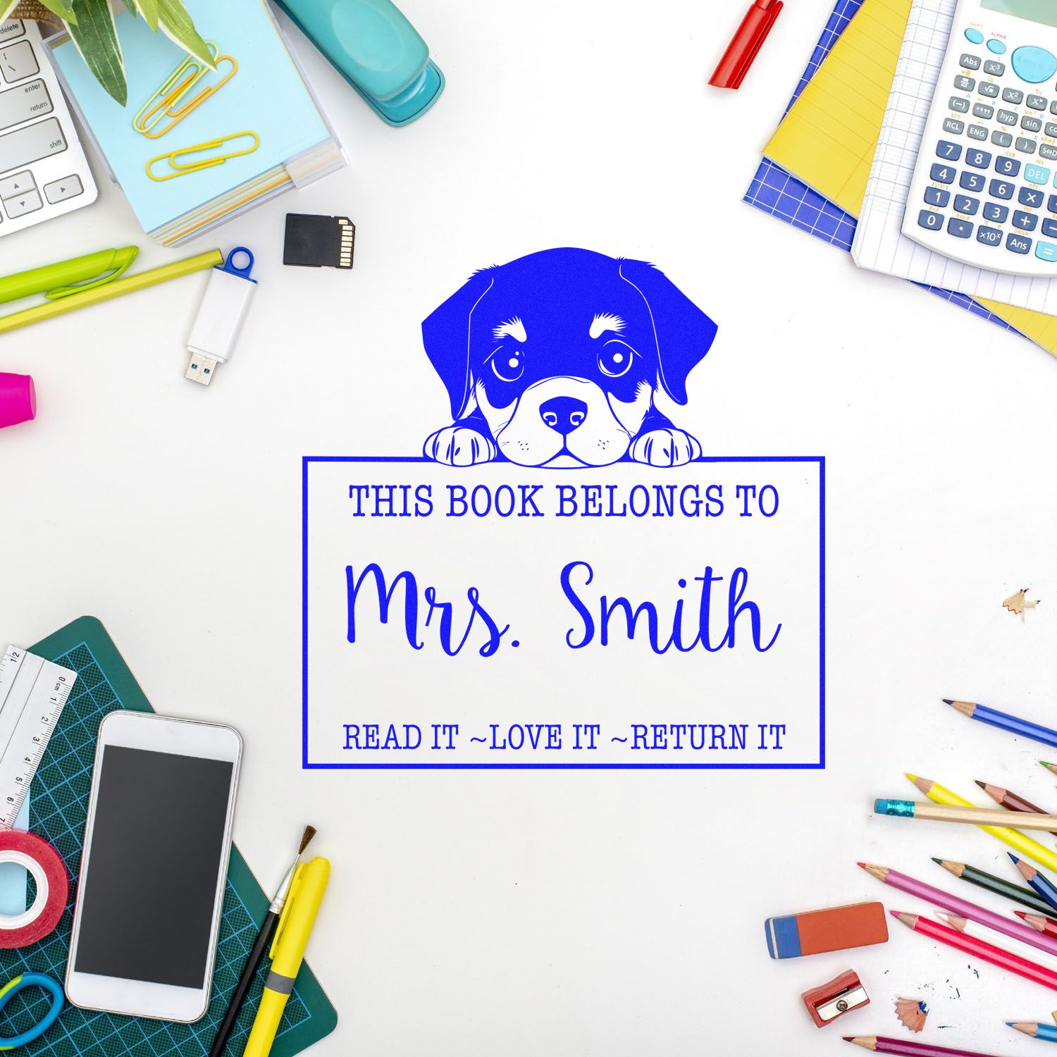 Adorable Self-Inking Rottweiler Personalized Read It Love It Return It For Classroom Stamp - Engineer Seal Stamps