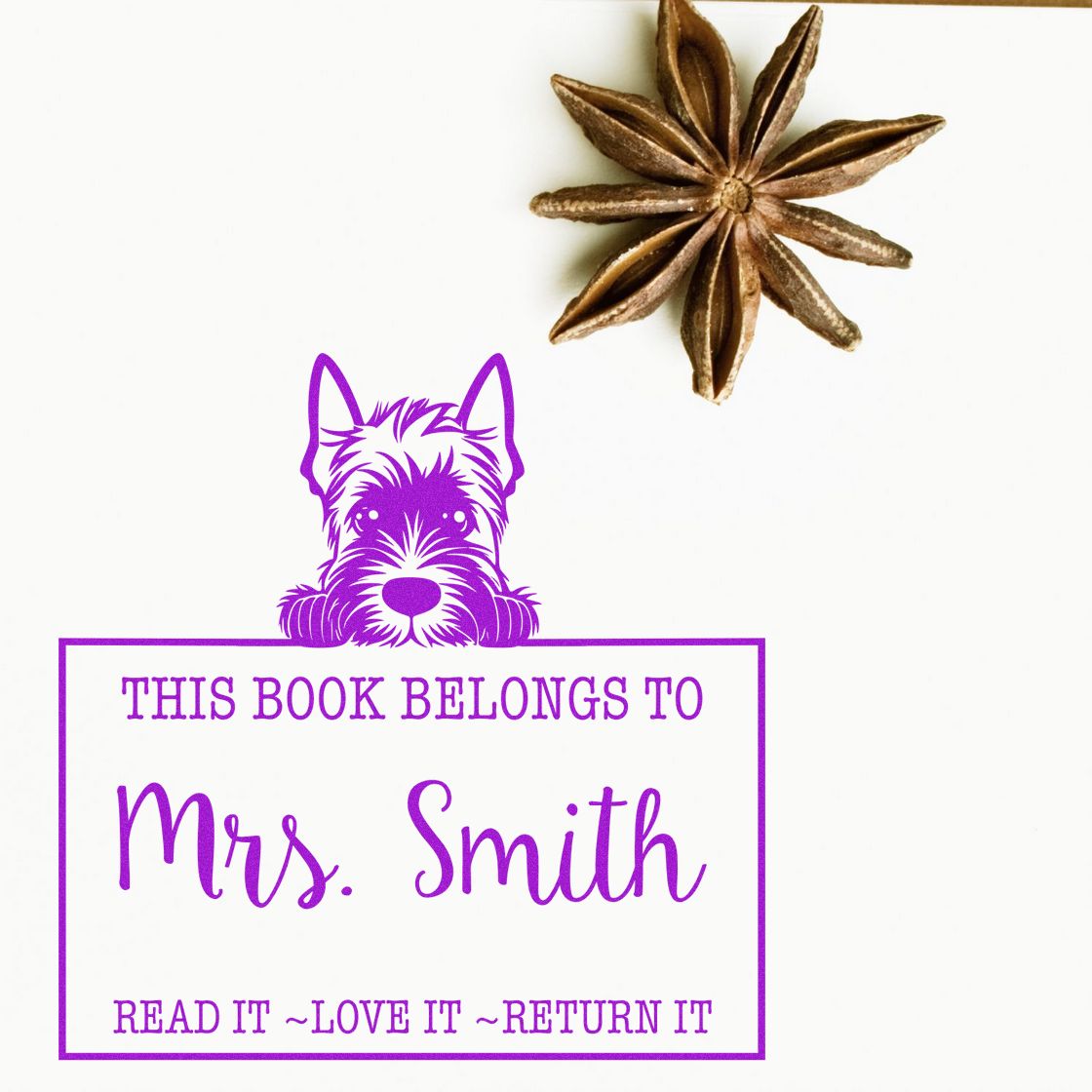 Pre-Inked Scottish Terrier Personalized Read It Love It Return It Book Stamp - Engineer Seal Stamps