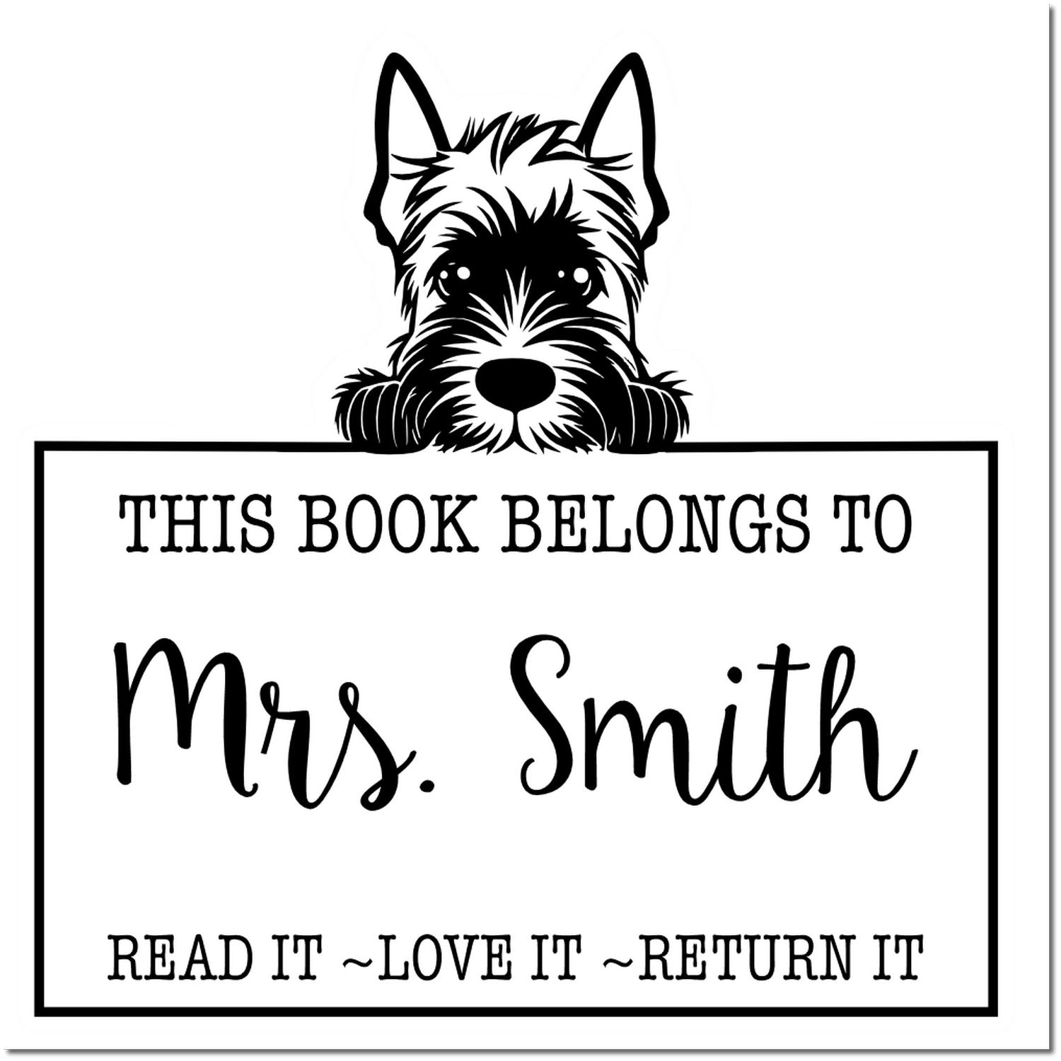 Pre-Inked Scottish Terrier Personalized Read It Love It Return It Book Stamp - Engineer Seal Stamps