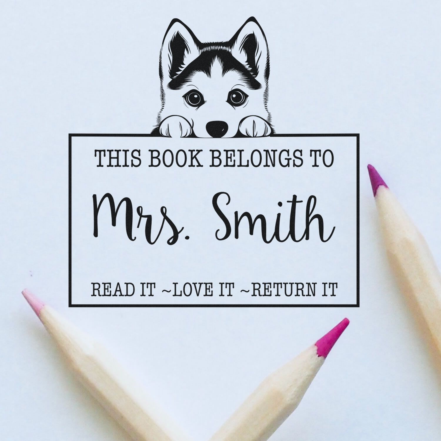Siberian Husky Personalizable Book Borrowing Rubber Stamp - Engineer Seal Stamps