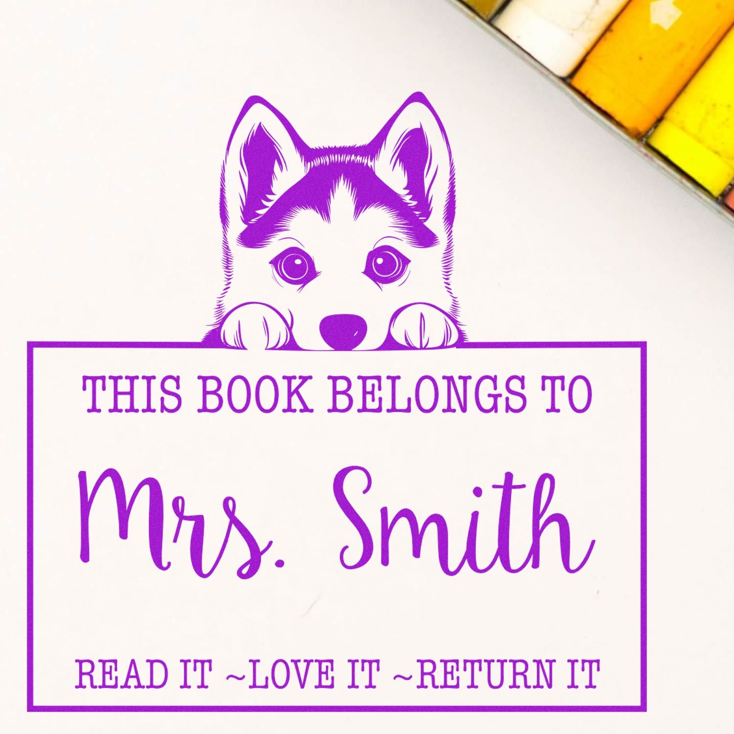 Siberian Husky Personalizable Book Borrowing Rubber Stamp