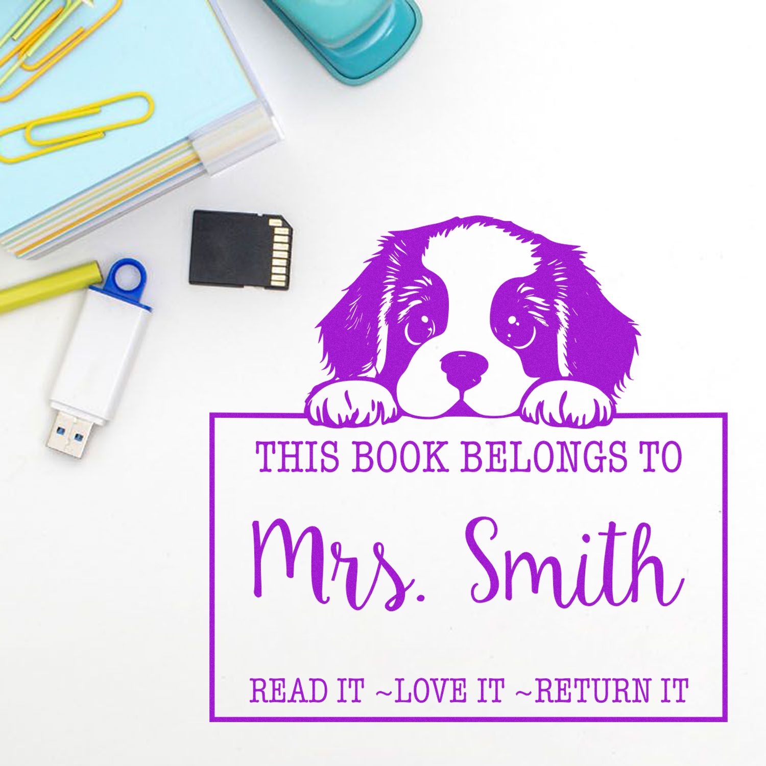 St Bernard Personalizable Book Lending Rubber Stamp
