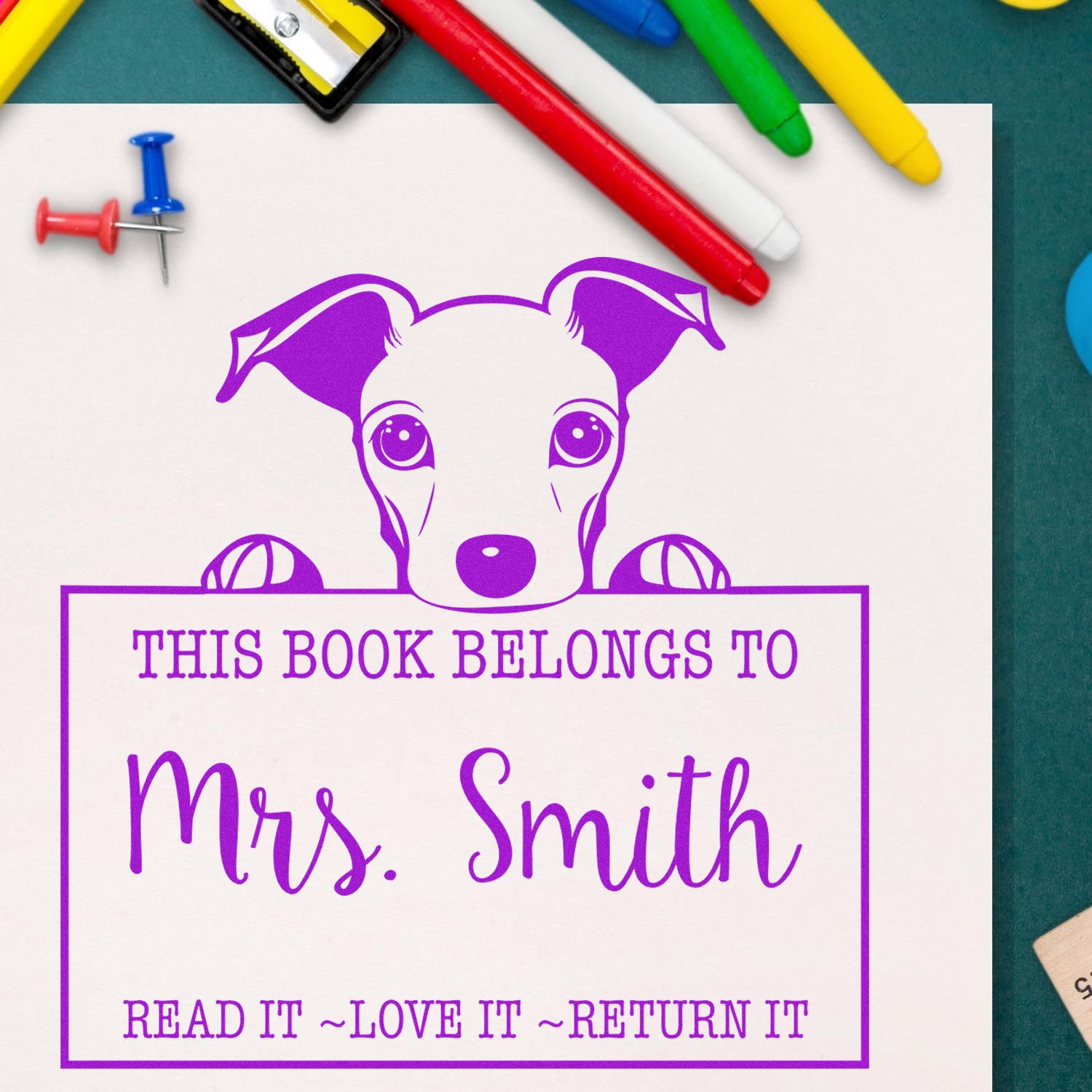 Adorable Self-Inking Whippet Personalized Read It Return It Stamp - Engineer Seal Stamps