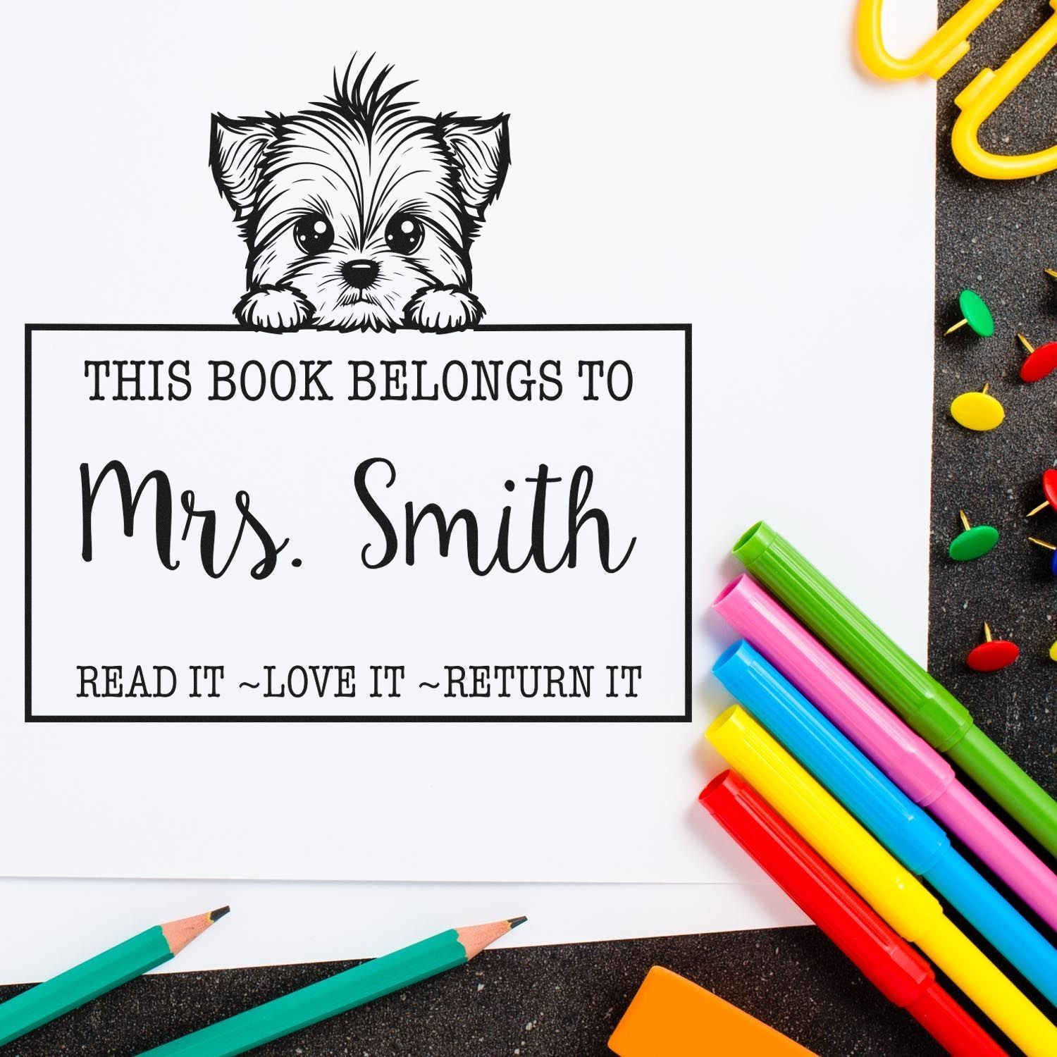 Pre-Inked Yorkshire Terrier Personalized Bookworm Stamp - Engineer Seal Stamps
