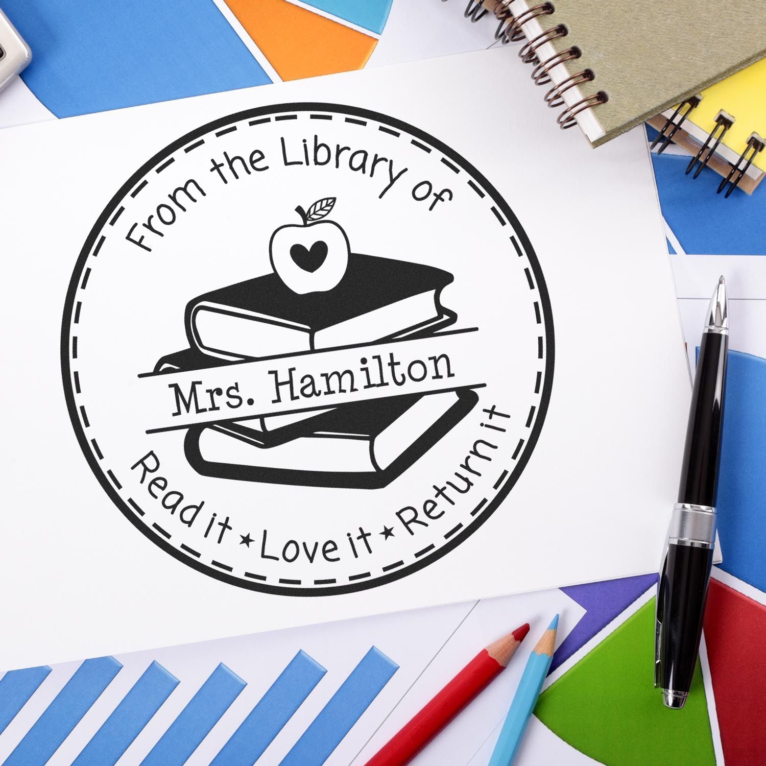 Apple Heart PSI Pre-Inked Personalizable Teacher's Book Labeling Solution Stamp - Engineer Seal Stamps