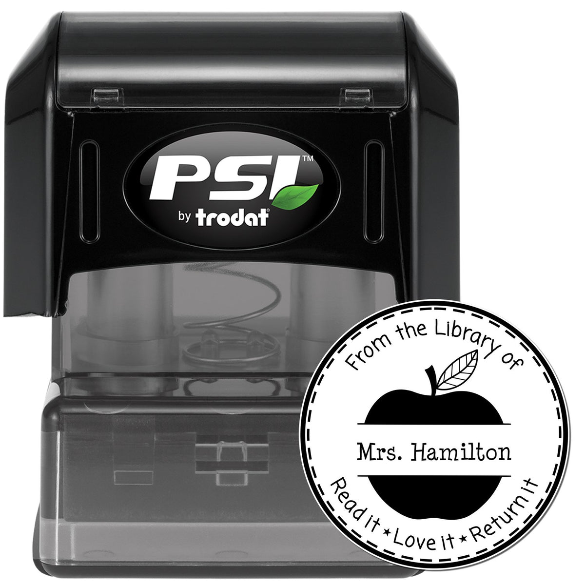 Black PSI by Trodat self-inking stamp with custom circular library return seal for Mrs. Hamilton, apple design.