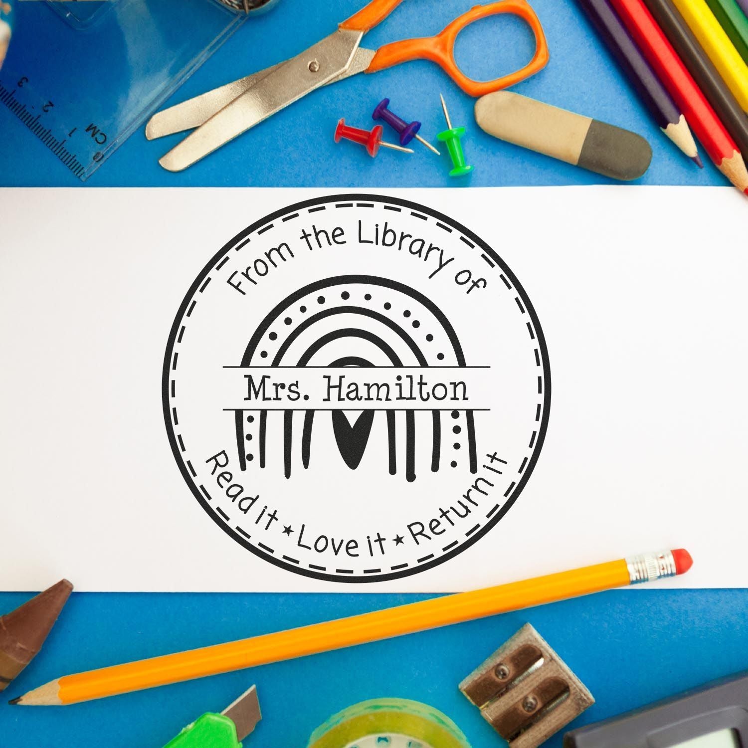 Boho Rainbow Self-Inking Custom Teacher Book Identity Stamp - Engineer Seal Stamps