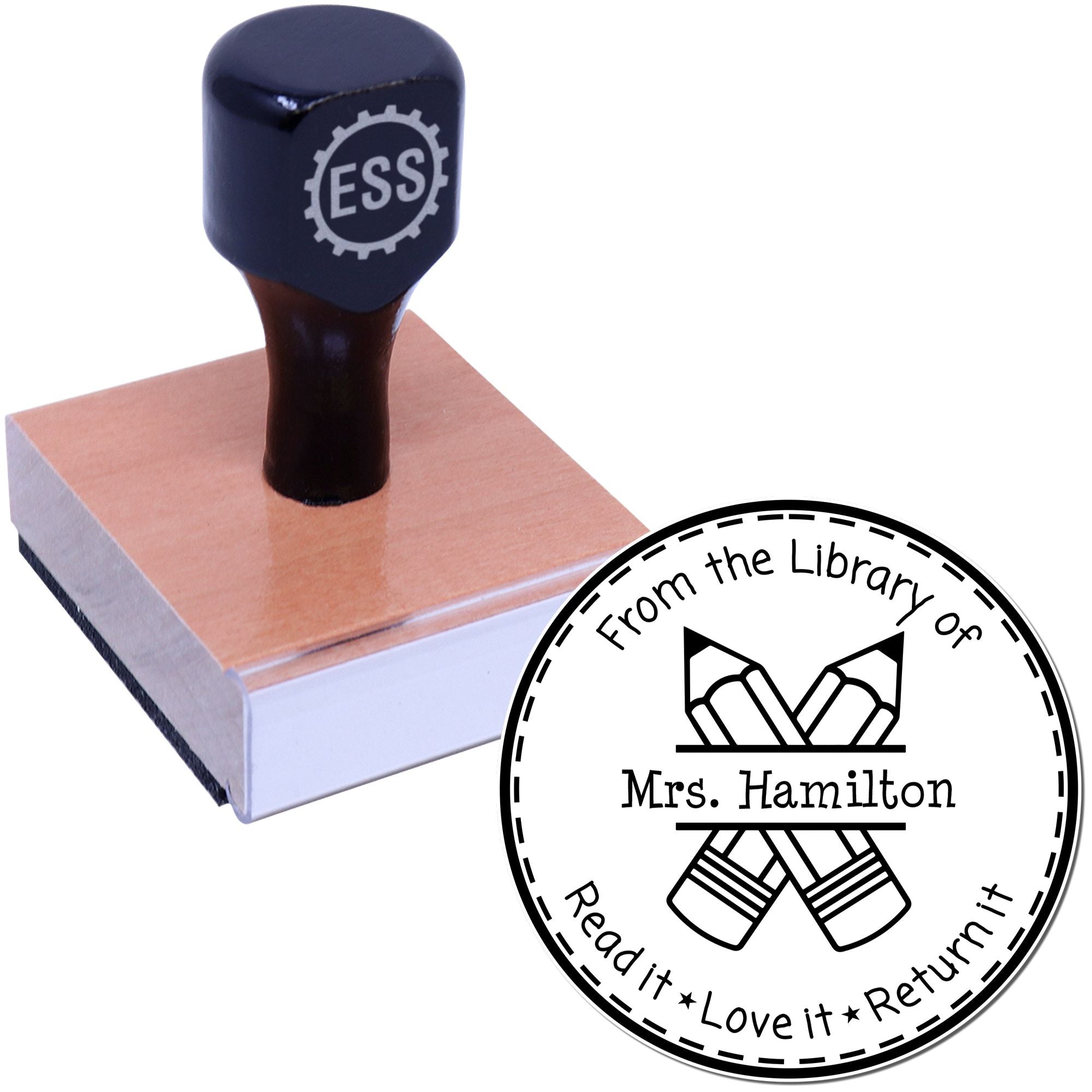 Navy custom stamp with wooden handle and round library seal reading Mrs. Hamilton in black on white.