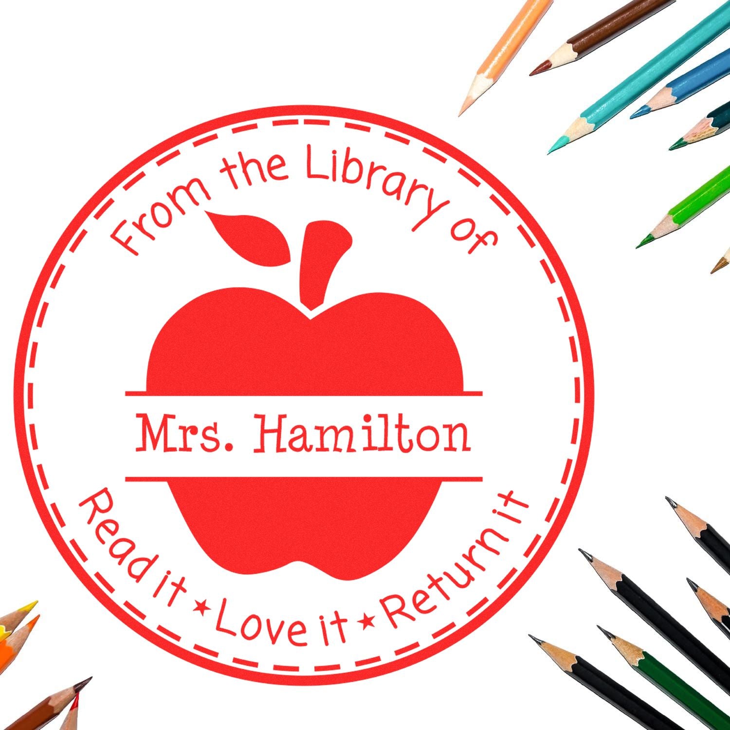 Red circular library stamp and seal for Mrs. Hamilton with apple icon, surrounded by colorful pencils on a white background.