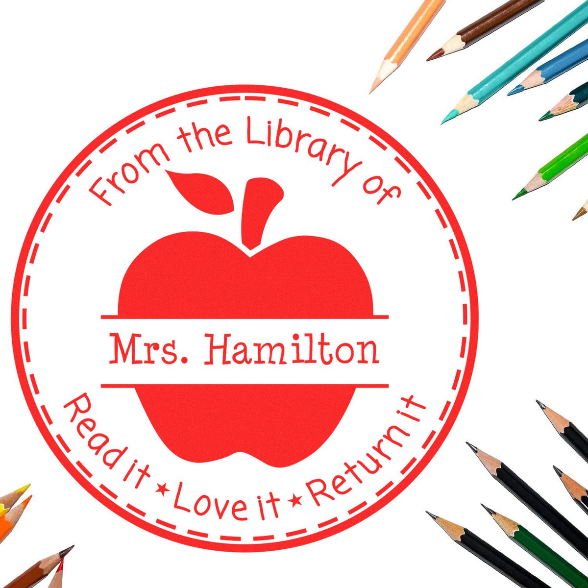 Red custom library stamp seal with apple icon and Mrs. Hamilton text, on white, with colored pencils around the edges.