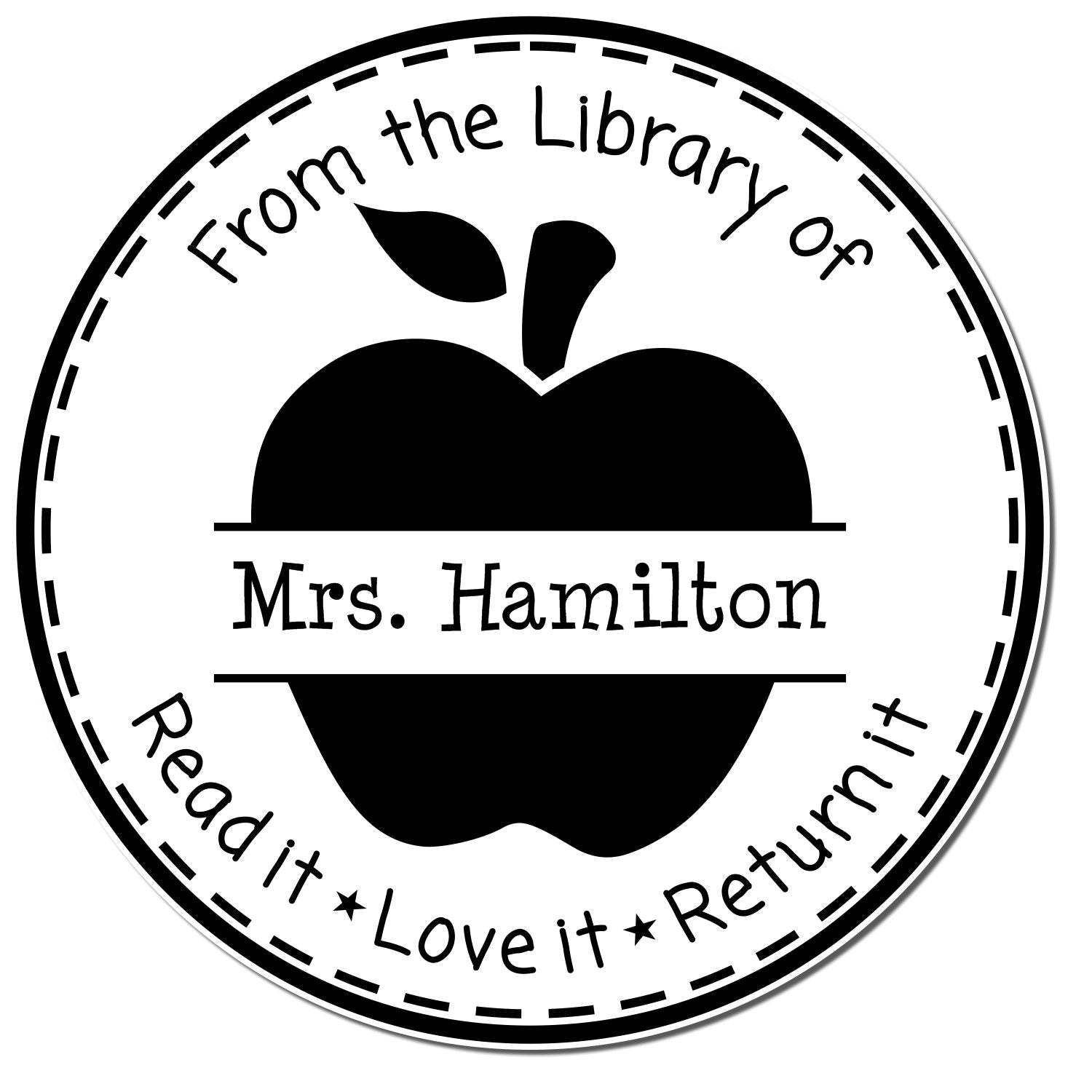 Black-and-white circular library stamp seal with apple icon, From the Library of Mrs. Hamilton, and Read it, Love it, Return it.
