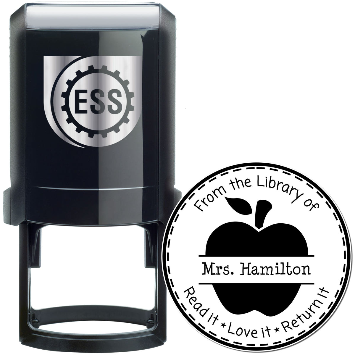Black self-inking stamp and round white library seal with apple icon, ESS logo, and Mrs. Hamilton text