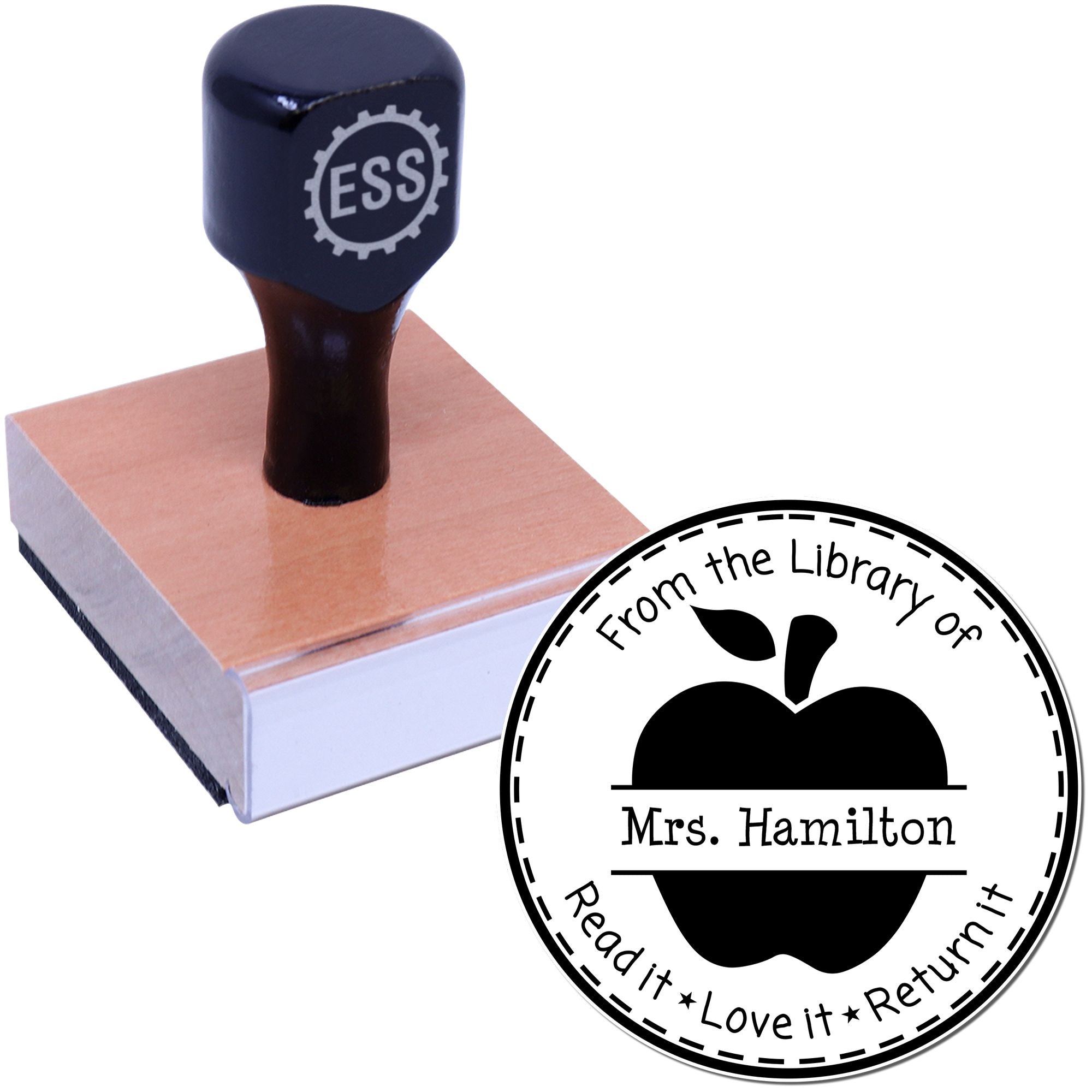 Black self-inking stamp and white circular library seal for Mrs. Hamilton, with book-return message.